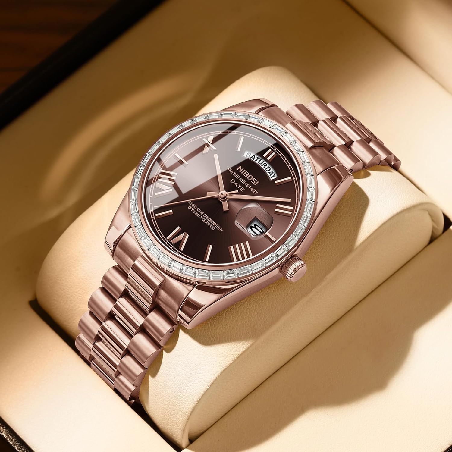 NIBOSI Men's Watches Analog Quartz Diamond Bezel Stainless Steel Dial Rose Gold Silver Watches for Men Waterproof Business Classic Dress Wrist Watch with Day Date - Image 8