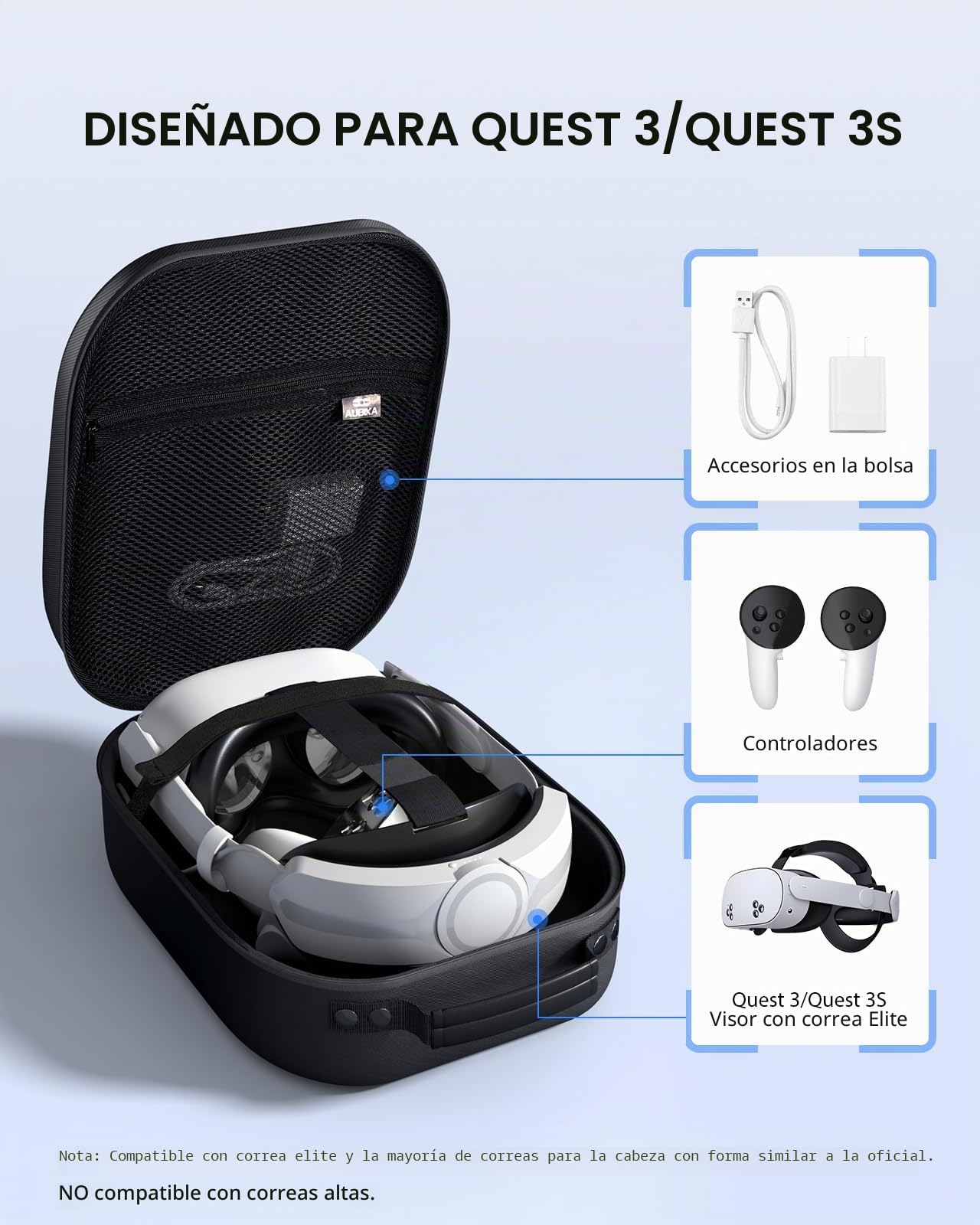 Aubika Carrying Case for Meta Quest 2 / Quest 3/Pico 4/Vision Pro, Compatible con Accesorios de Correa para Auriculares Elite/Battery Strap Accessories, Hard Travel Case