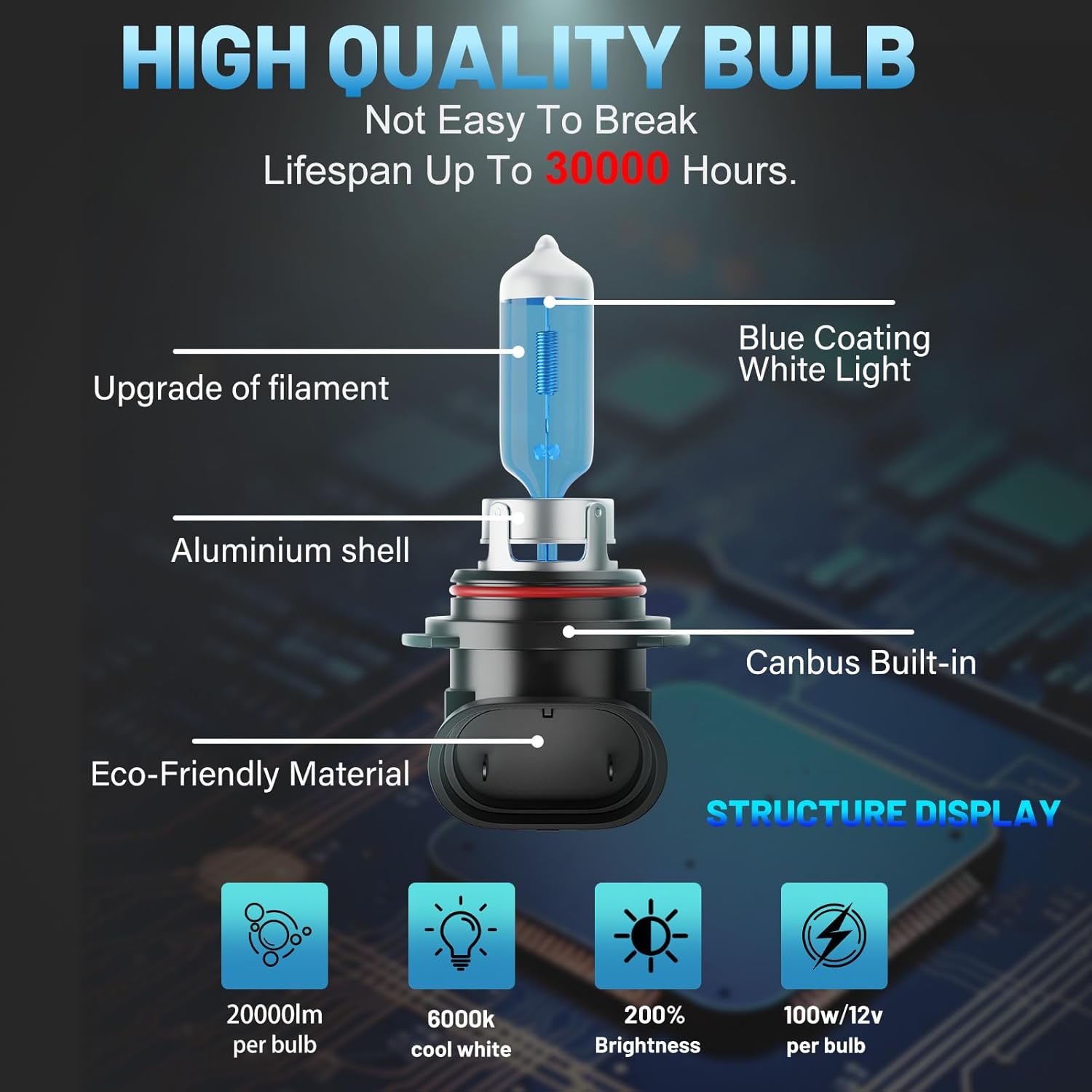 Halogen Headlight Bulbs Fit For Toyota Camry 2007-2018, High Low Beam Headlamp Bulbs Combo, 100W 6000K White 300% Brightness, Plug and Play, 4-Pack