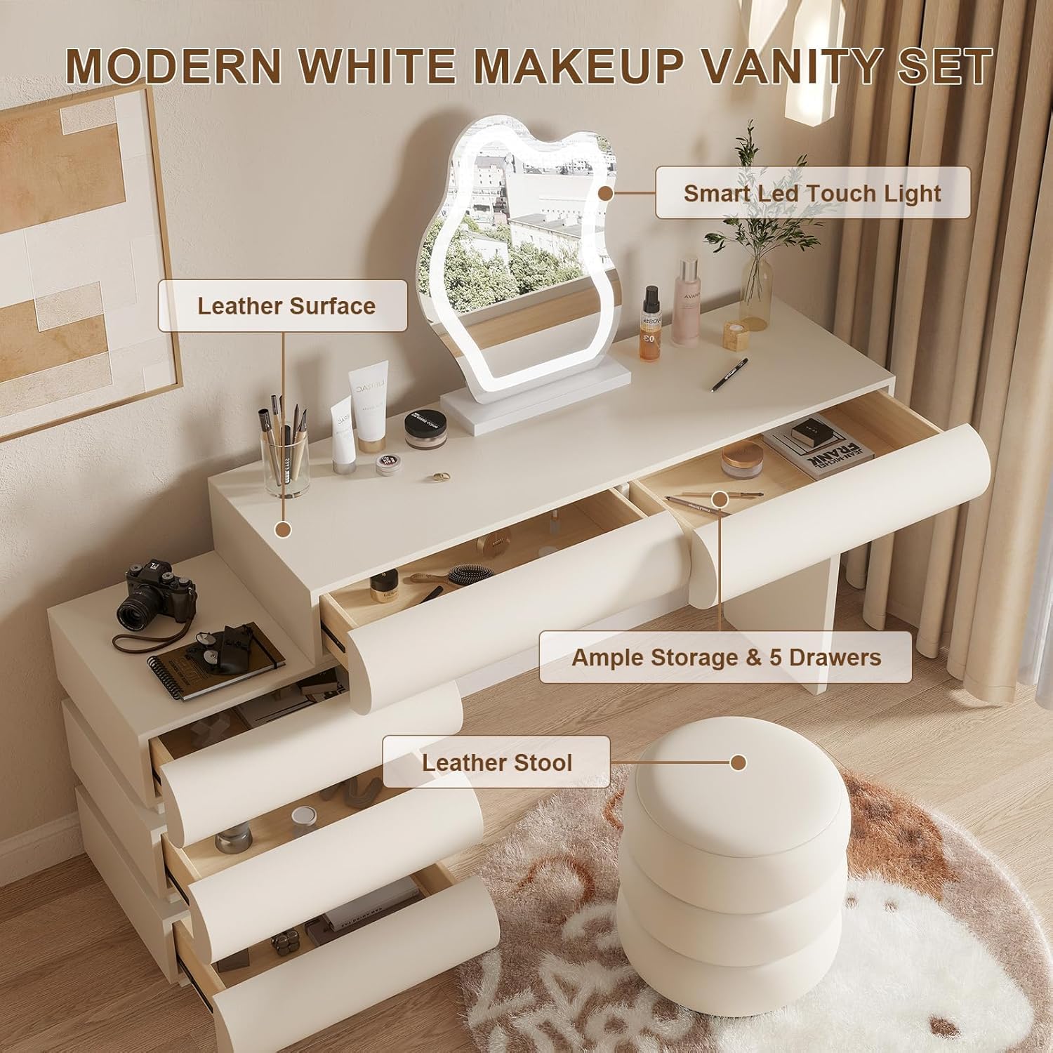 Onaninso Makeup Vanity Desk with Lighted Mirror and Stool, Faux Leather Upholstered Finish, Modern Dressing Table with 5 Drawers for Bedroom and Makeup Room, Easy Assembly, White