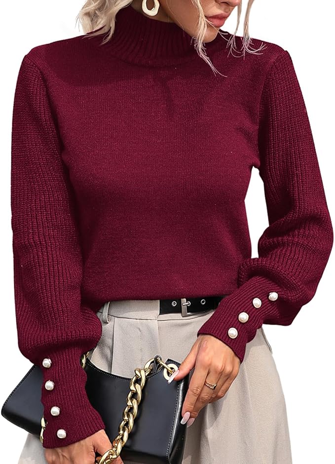 Upopby Women's Turtleneck Sweater Lantern Sleeve Knitted Pullover
