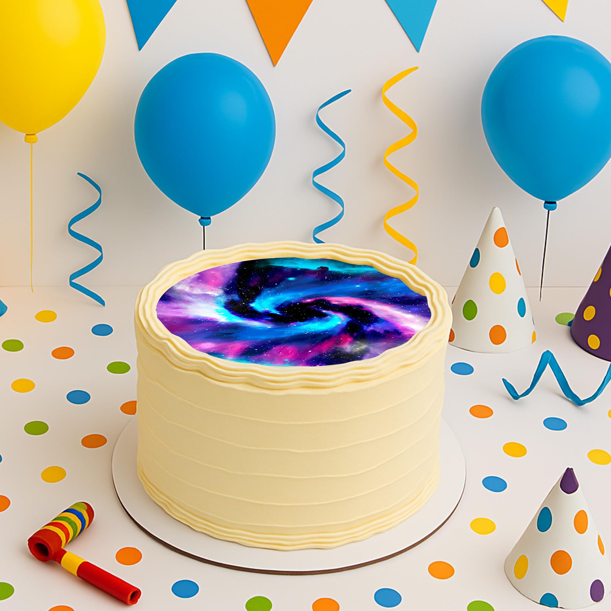 J&M DECO Nakładka na tort Galaxy – jadalna dekoracja na tort Ø 20 cm – obraz na tort z motywem kosmicznym na urodziny dziecka – papier cukrowy dekoracja tortu – gotowa do użycia