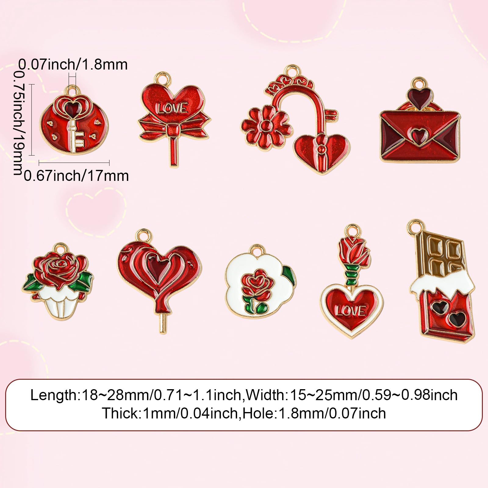 Stiesy 45Pcs 9 Styles Romantic Sweet Enamel Charms Valentine's Day Charms Red Heart Love Envelope Chocolate Flower Charm Pendant Bulk for DIY Date Necklace Bracelet Earring Presents - Image 2