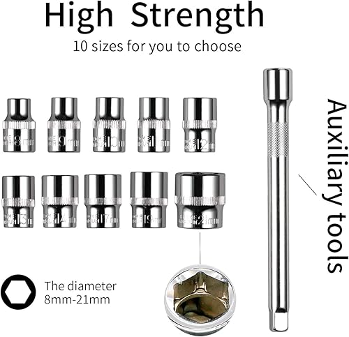 Miniatura 6 de Egofine Juego de 12 llaves de trinquete de 12 y 38 pulgadas, juego de llaves de vaso con 10 enchufes y mango de trinquete de liberación rápida de 2