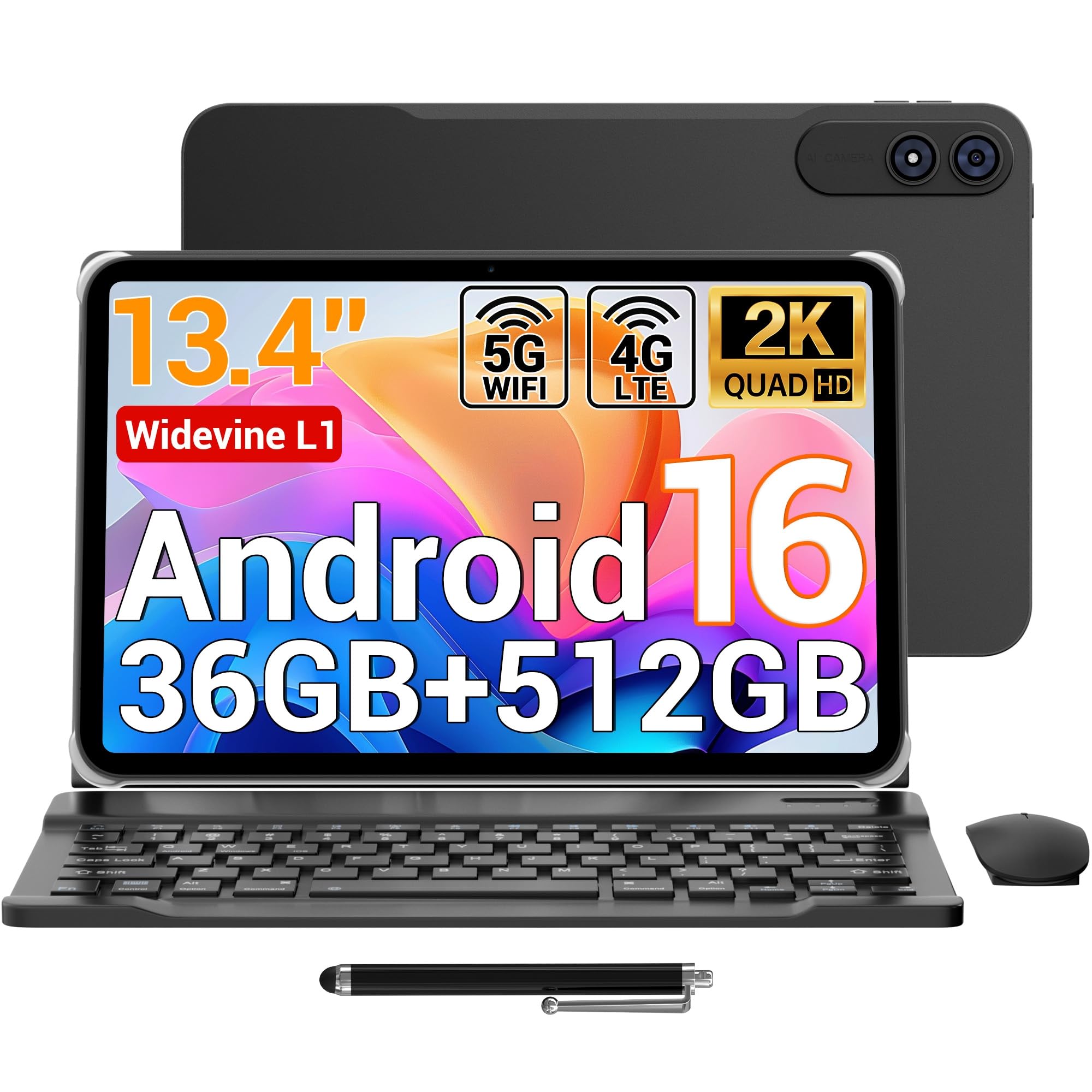 Tablet 13,4 Zoll Android 16, 120Hz Display, 36GB RAM + 512GB ROM/1TB TF, 4G LTE Dual SIM, 2.2GHz Gaming, 5G WiFi, Widevine L1/GPS/11580mAh/13MP, inkl. Tastatur/Hülle/Stift/Maus/Kopfhörer/OTG