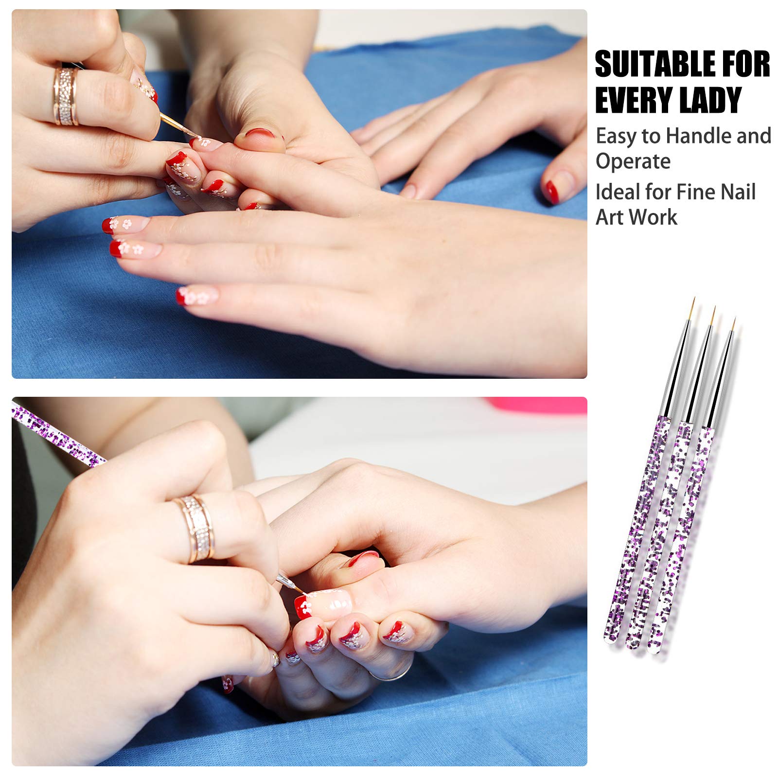 Juego de 3 Pinceles para Decoración de Uñas, Cepillo de Pintura para Nail Art, Herramienta de Detalle para Dibujar Patrones de Línea