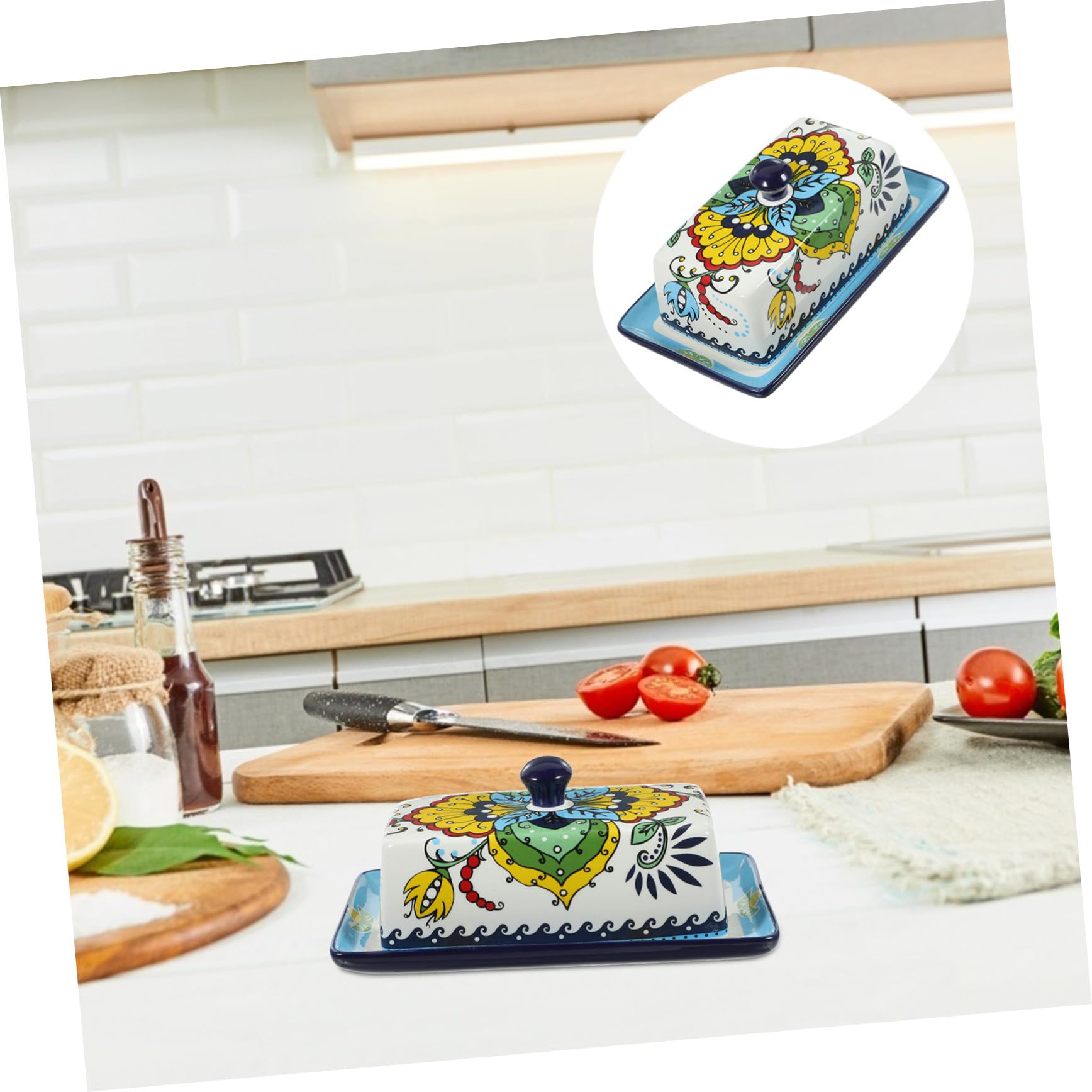 Beurrier Bleu en Céramique Style Européen avec Couvercle pour Table