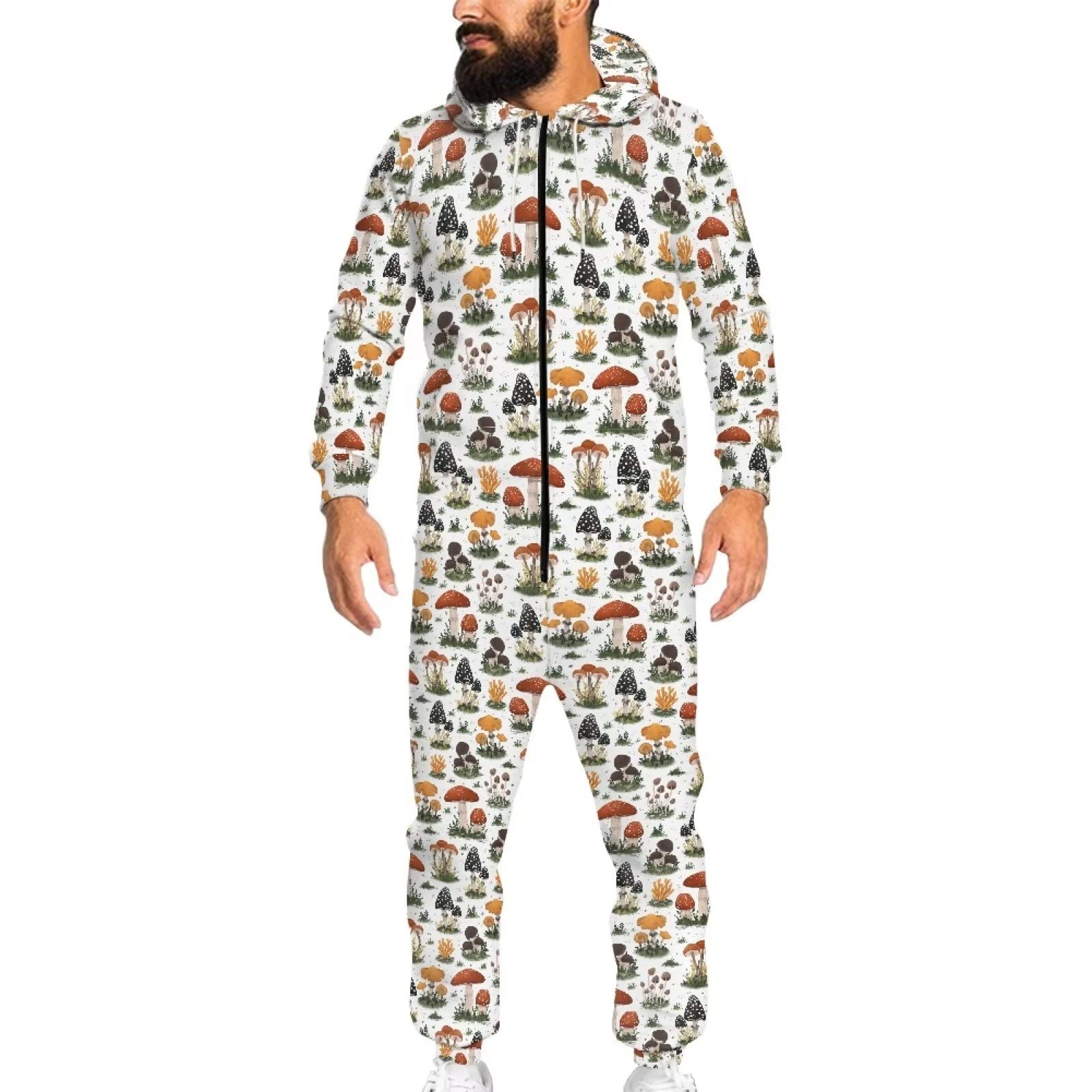 POLERO Pijamas Enteros de una pieza de vaca con cremallera para mujeres y hombres, ropa de dormir con bolsillo y cordón con capucha, Setas, S