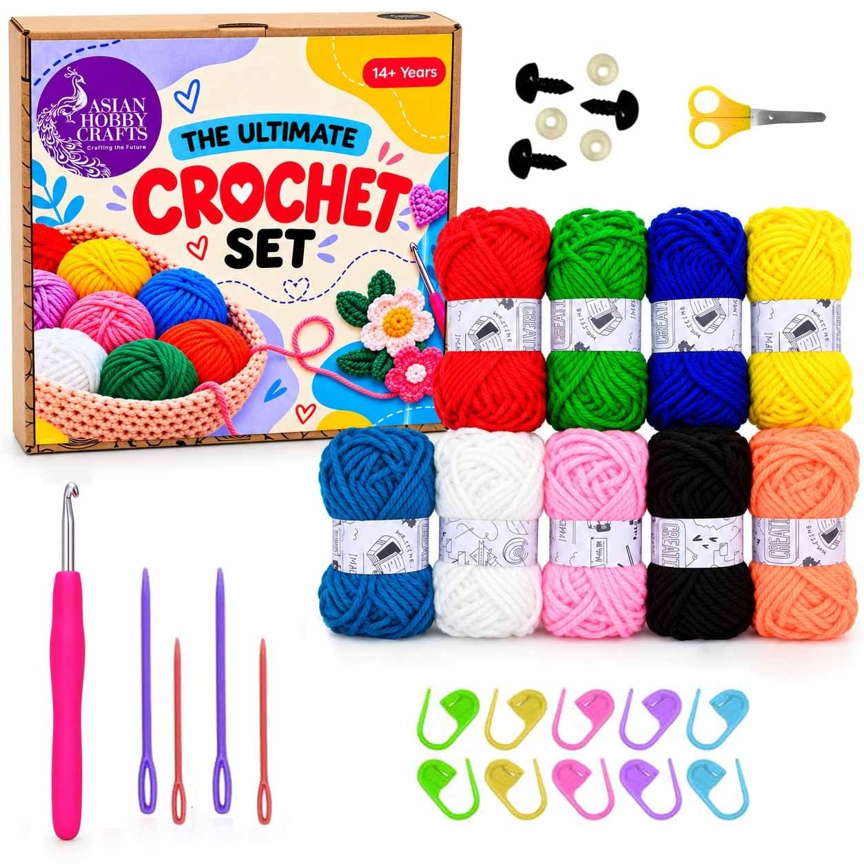 Asian Hobby Crafts Crochet Set for Beginners - DIY Crocheting & Knitting | 9 Rolls x 5g Multi Wool Yarn With Crochet Hook & Needles | DIY Crochet For Adults & Kids, Embroidery & Stitching Craft Kit