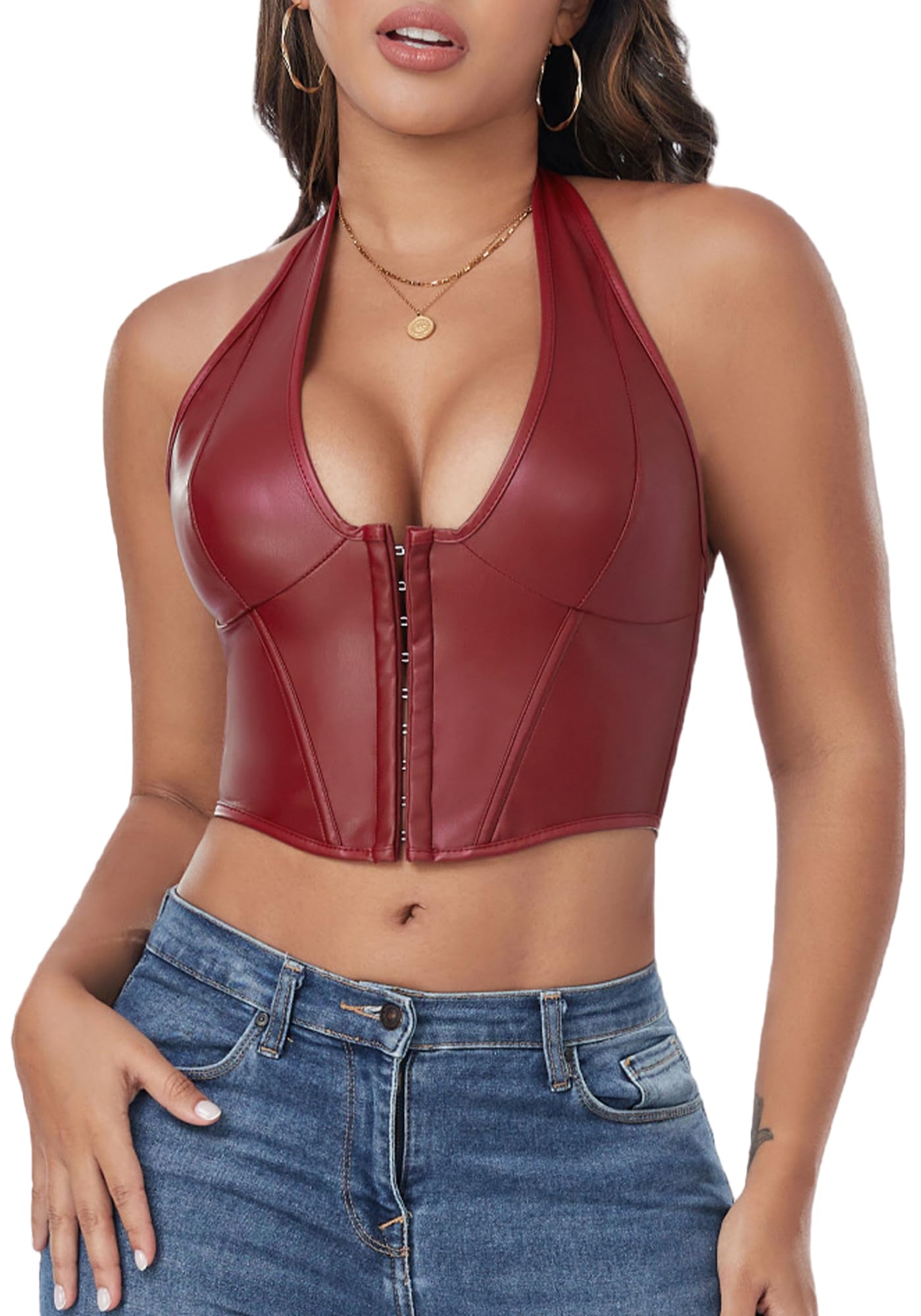 FEOYA Top de piel sintética para mujer, sexy, cuello halter Y2k, con cordones para arriba, vendaje cruzado, ojales, corsé, camisola, clubwear
