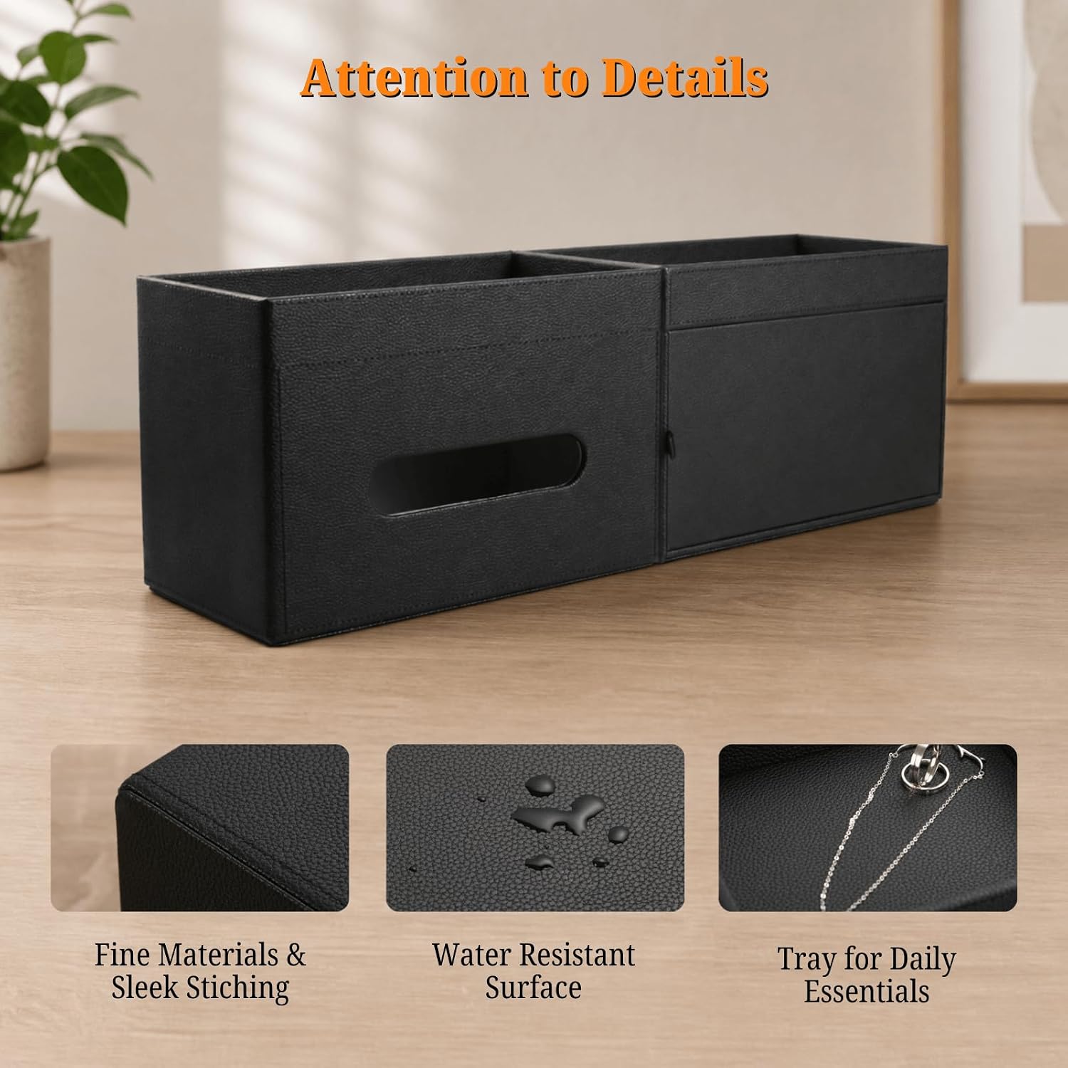 LAMOTI Rectangular Tissue Box Cover with Storage Tray, Leather Facial Tissue Box Holder for Bathroom, Office Table, Countertop, Night Stand & More (Black)
