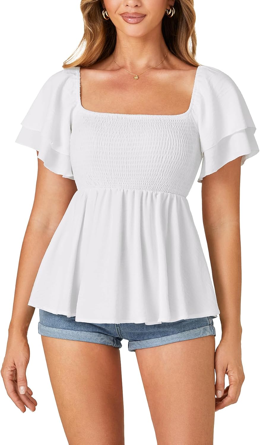 LYANER Women's Square Neck Smocked Peplum Top Ruffle Short Sleeve Babydoll Shirred Blouse - Image 6