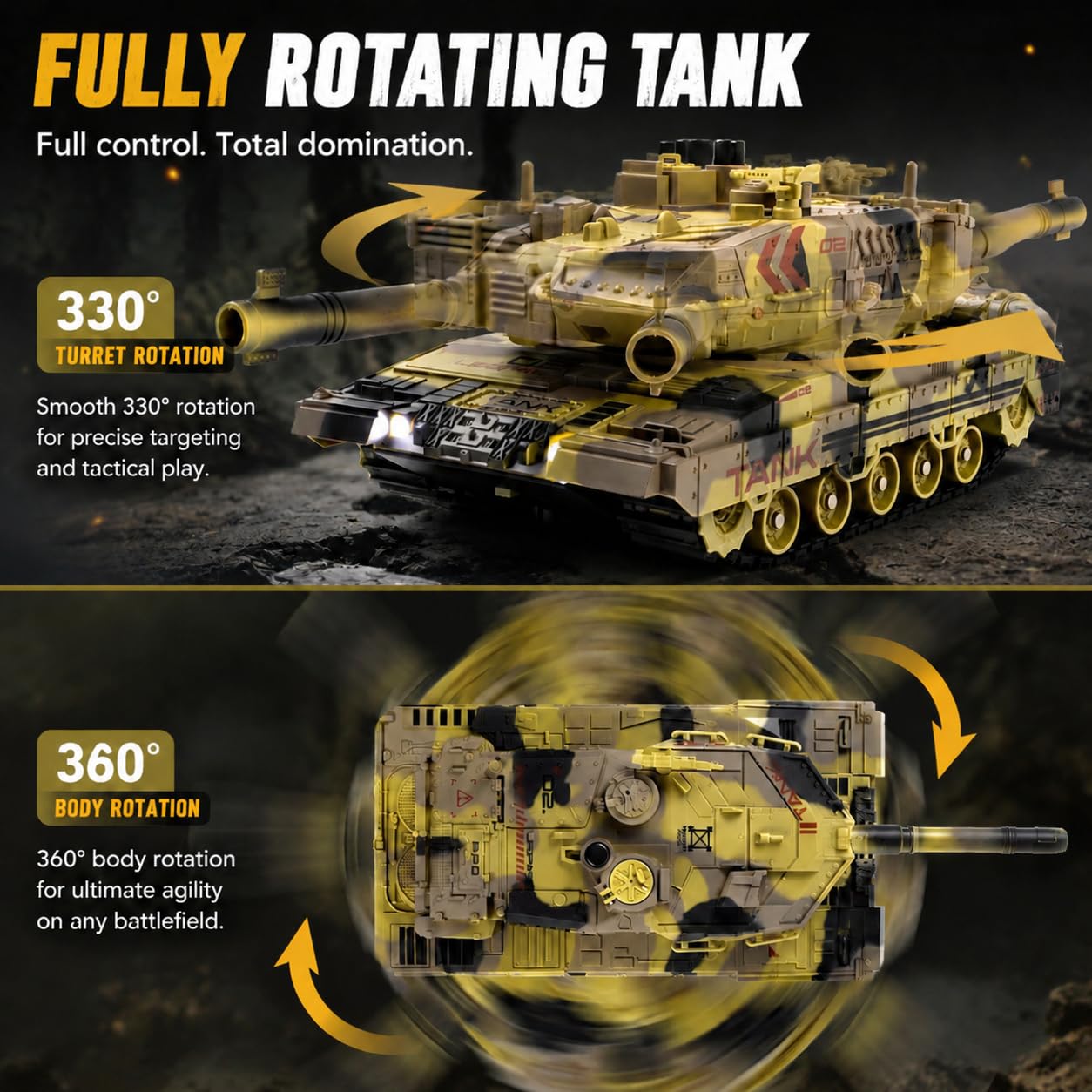 Tanque RC que dispara, modelo de vehículos militares de 2.4 GHz con torreta giratoria de 360°, demostración automática, sonido, humo y luz, tanque militar de control remoto para adolescentes y