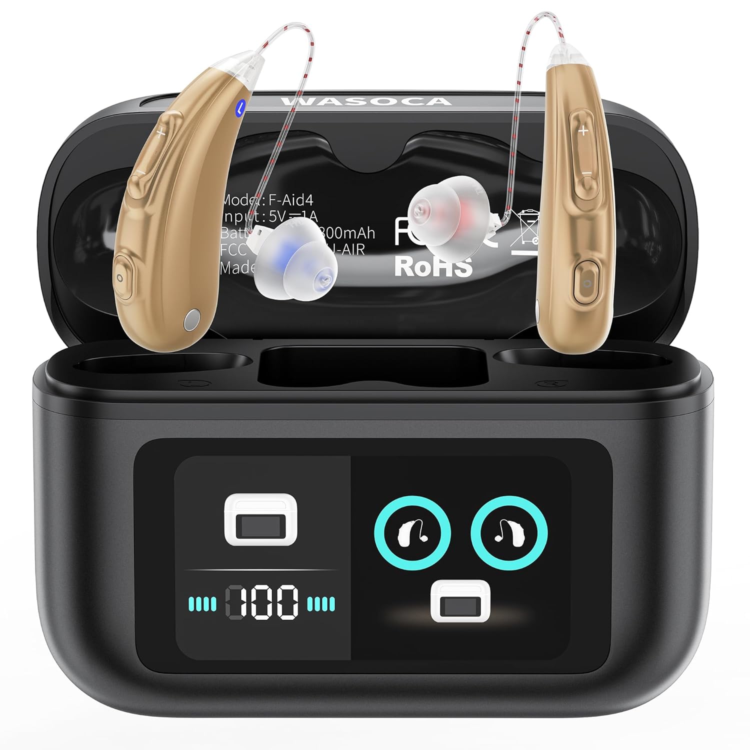 WASOCA Bluetooth Rechargeable Hearing Aids for Seniors - Noise Cancelling, App Control, LED Display, 84Hr Battery, FSA Eligible (Black)