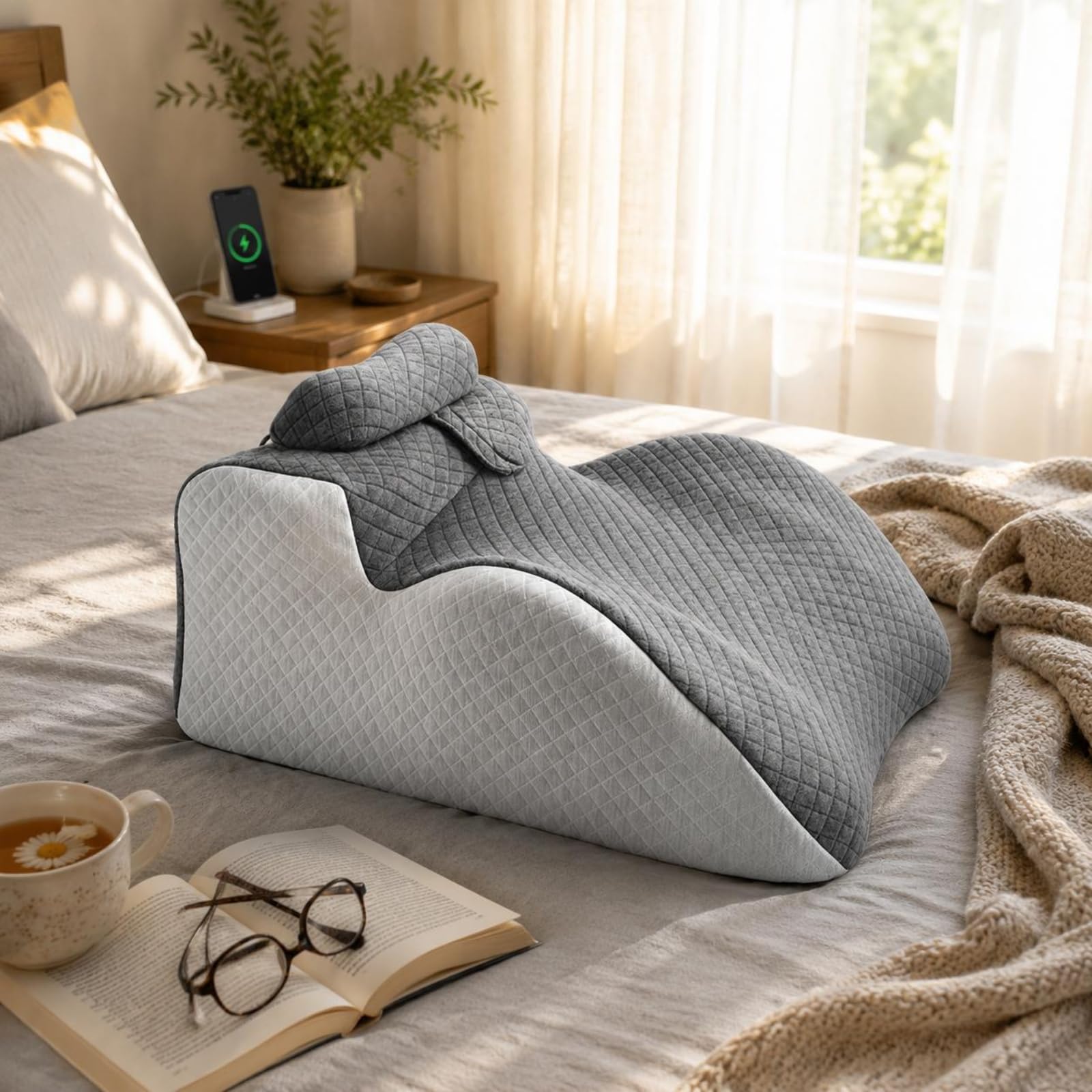 LOVIVER Almohada para Cama Almohada Ergonómica Cojín de Apoyo Cojín Corporal Cojín para Dormir con Espuma Viscoelástica y Diseño Contorneado Adecuada para Dormir Lectura y Uso de Móvil en Cama