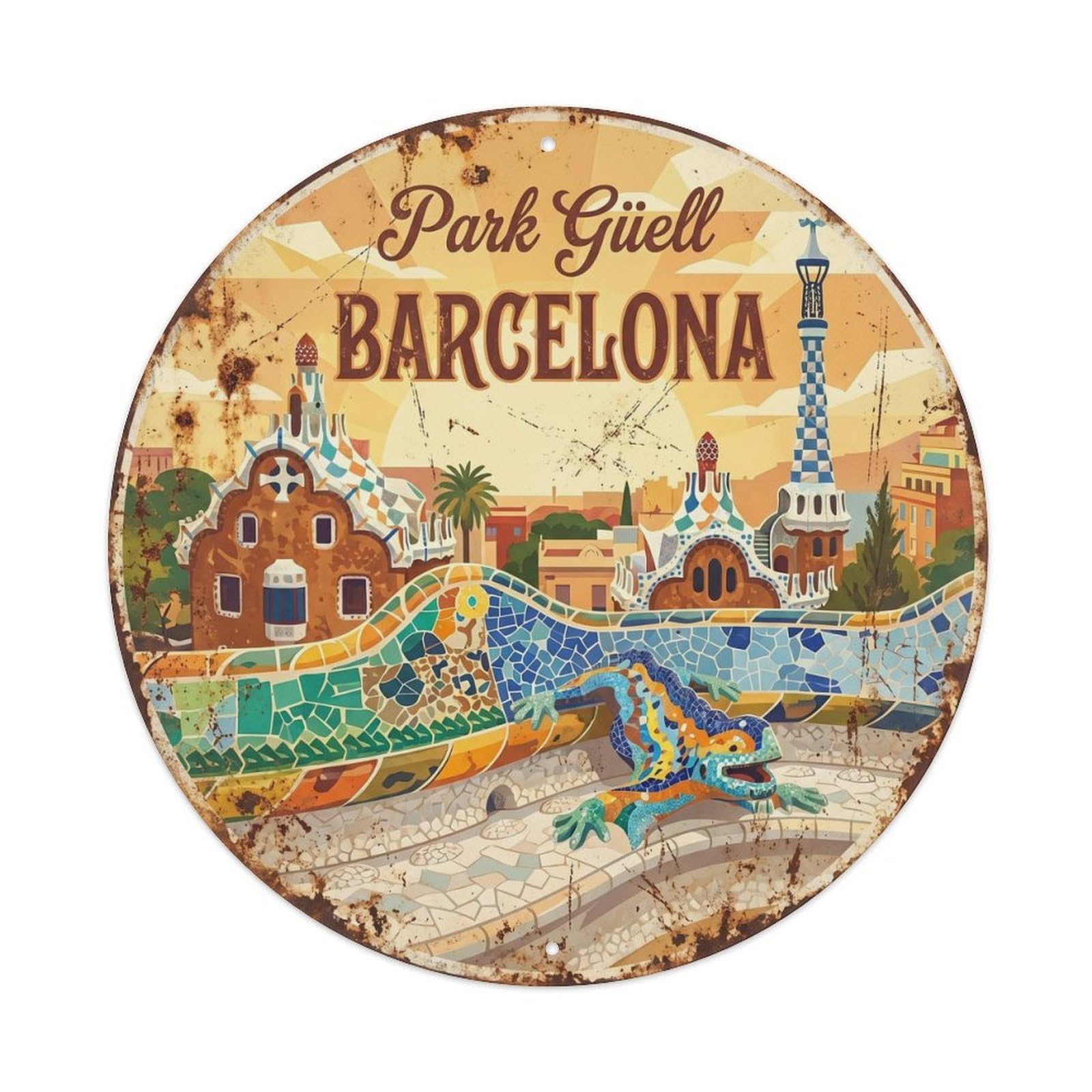 Barcelona Spain Mosaic Park Vintage Travel Architecture Metal Tin Sign Plaque Wall Decor for Cafe, Man Cave, Club Bar, Office, Home Garden Round Metal Poster 8x8Inch