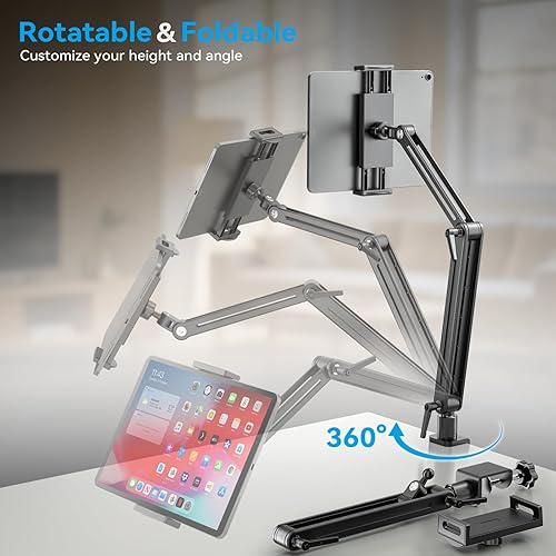 Miniatura 6 de Jakeko Soporte ajustable para tableta para escritorio, base giratoria de 360 grados, soporte de brazo alto, soporte de abrazadera flexible giratorio