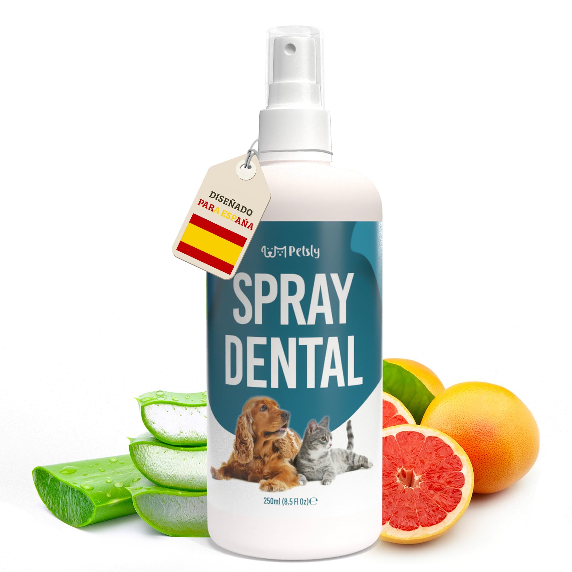 Petsly® Spray Dental Perros y Gatos - 250ml - Elimina el Mal Aliento, Reduce Sarro y Placa - Higiene Bucal sin Cepillado ni Enjuague - Ingredientes Naturales, Seguro si se Ingiere - Calidad Alemana