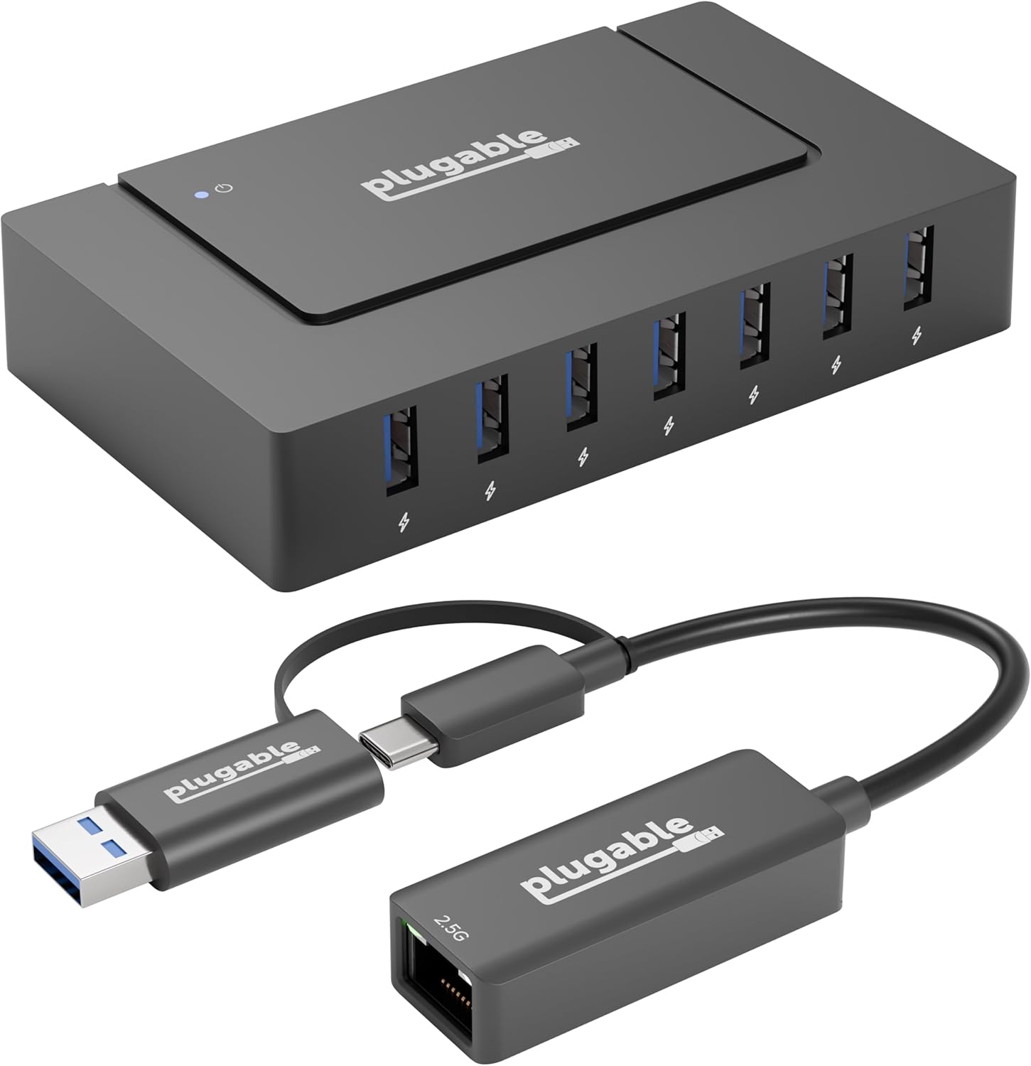 2.5G Ethernet & USB Expansion Bundle: Plugable USB-C to 2.5Gbps Ethernet Adapter + 7-Port USB Hub with 60W Power Adapter | USB-C/USB-A, Fast LAN, High-Speed Data, macOS/Windows/Linux