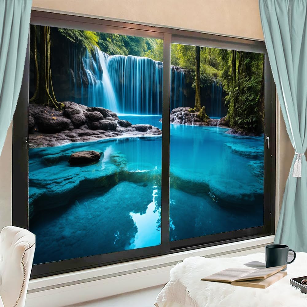 Rustic Waterfall Window Film Heat Blocking Summer Natural Pond Modern Plants Privacy Window Decor Glass Door Covering Self-Adhesive Window Film for Bathroom Kitchen 31.5Wx47.2L-inch x2 Pcs