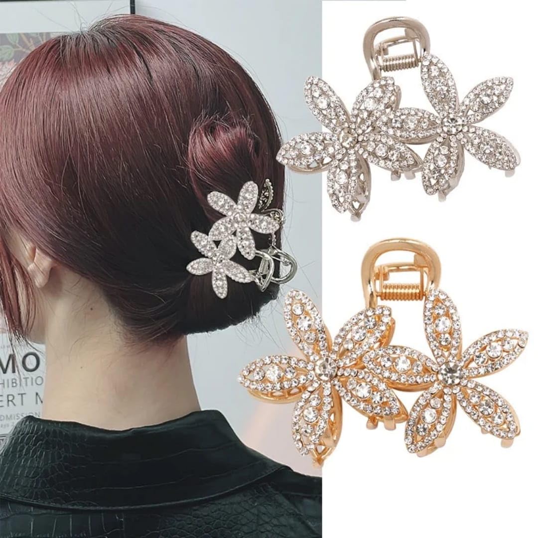 Diversa Rhinestone Golden Claw Clip, Embellished Korean Clutcher, Non- Slip Metal Claw Clip for Girls, Fancy Clutcher for Women, Pack of 1 (Sunflower)