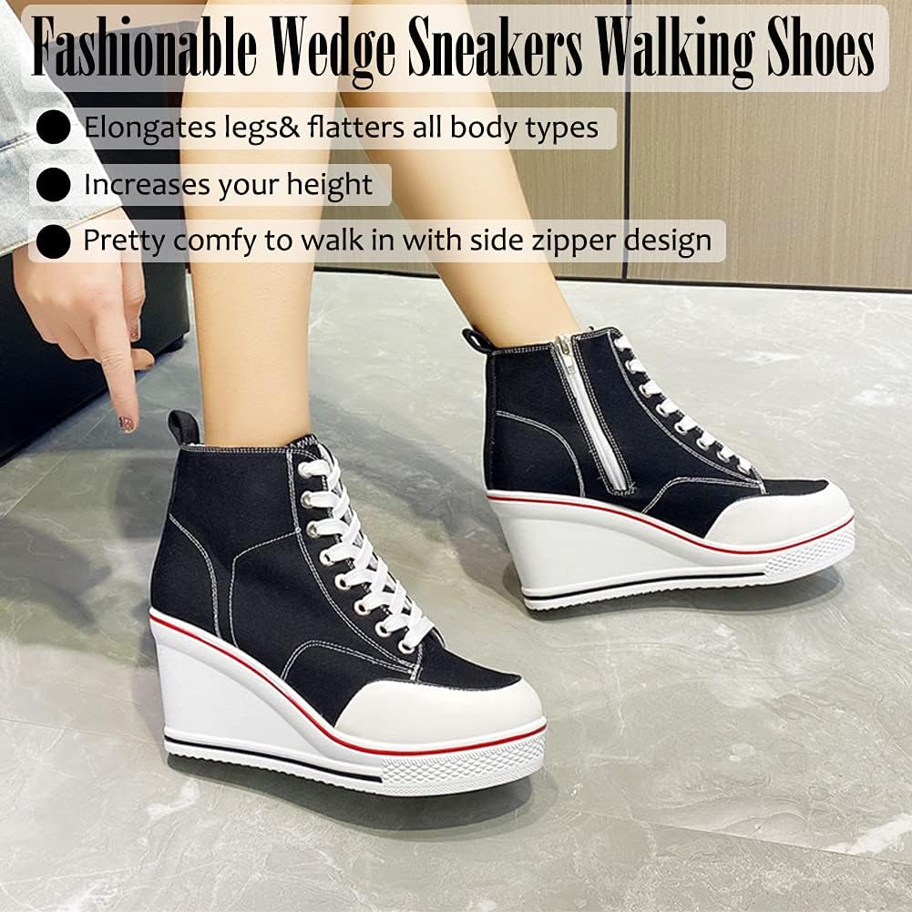 Mei MACLEOD High Heel Sneakers for Women Wedge Heel Sneaker with Side Zipper Casual Lace Up Canvas Shoes for College Students - Image 3