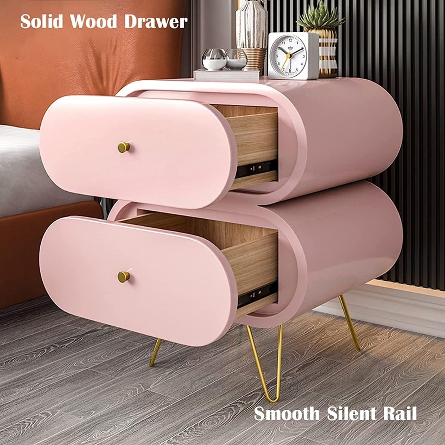 Comodino in Legno Comodini Unici 2 Cassetti con Gambe in Acciaio Inox Tavolo in Stile Moderno/Rosa/50 * 40 * 53Cm