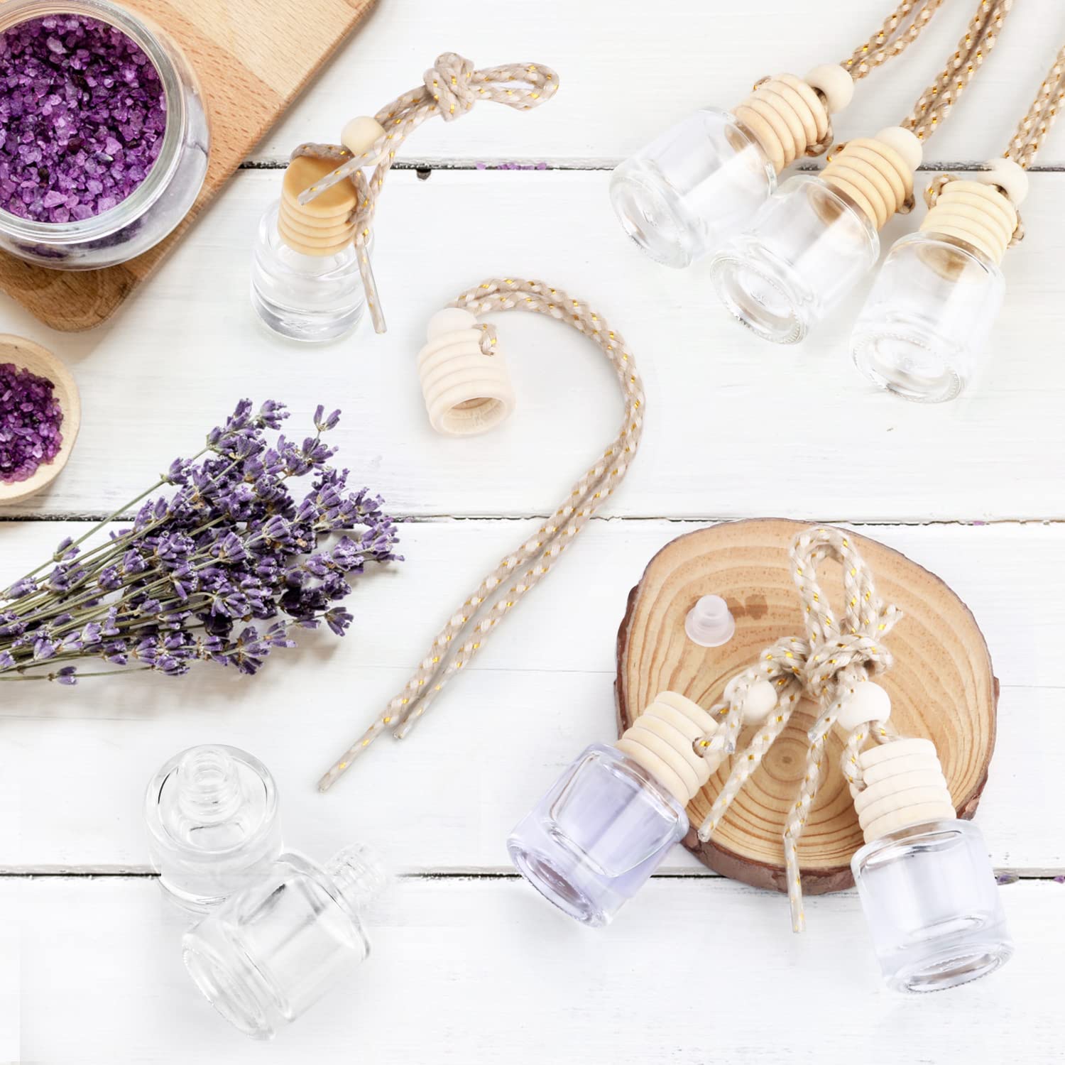 50 unidades/juego, difusor de ambientador colgante de 8 ml, difusor de perfume de vidrio transparente recargable aspiradora con tapas de madera y cuerda para colgar, estilo cilíndrico