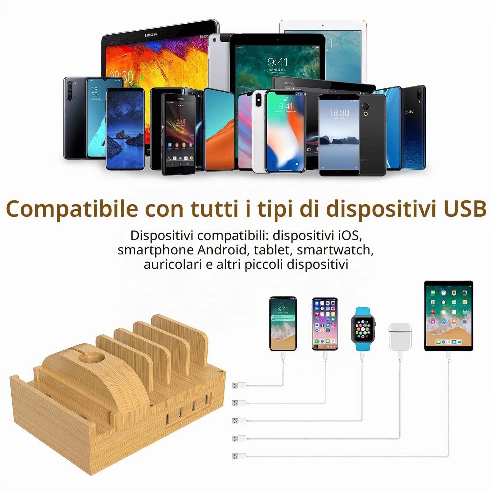 Stazione di ricarica per più dispositivi, stazione di ricarica per cellulare da 50 W, caricatore USB, organizer rapido, compatibile con il supporto di ricarica wireless per cellulare
