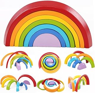 Jzhen Stacking Rainbow Blocks, Wooden Rainbow Stacker Puzzle Toy Stacker Educational Learning Toys for Kids Baby Toddlers