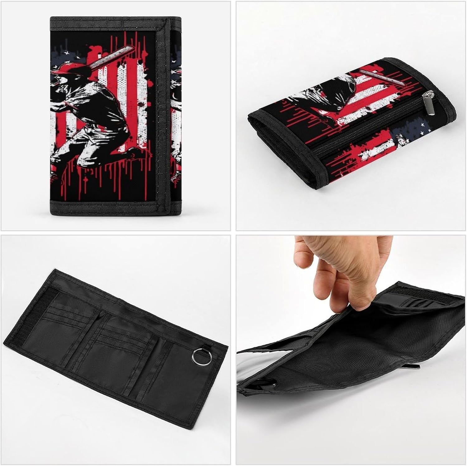 Vintage Baseball U.S. Flag Trifold Slim Wallet Front Pocket With Money Clip And ID Credit Card Slots For Travel Work