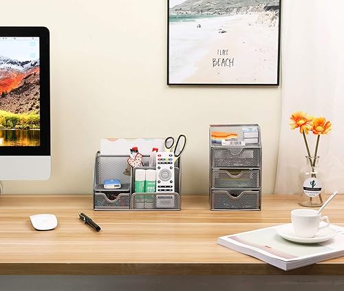 Miniatura 5 de PAG organizador de escritorio de malla para artículos de oficina, soporte para bolígrafos y accesorios, con cajón