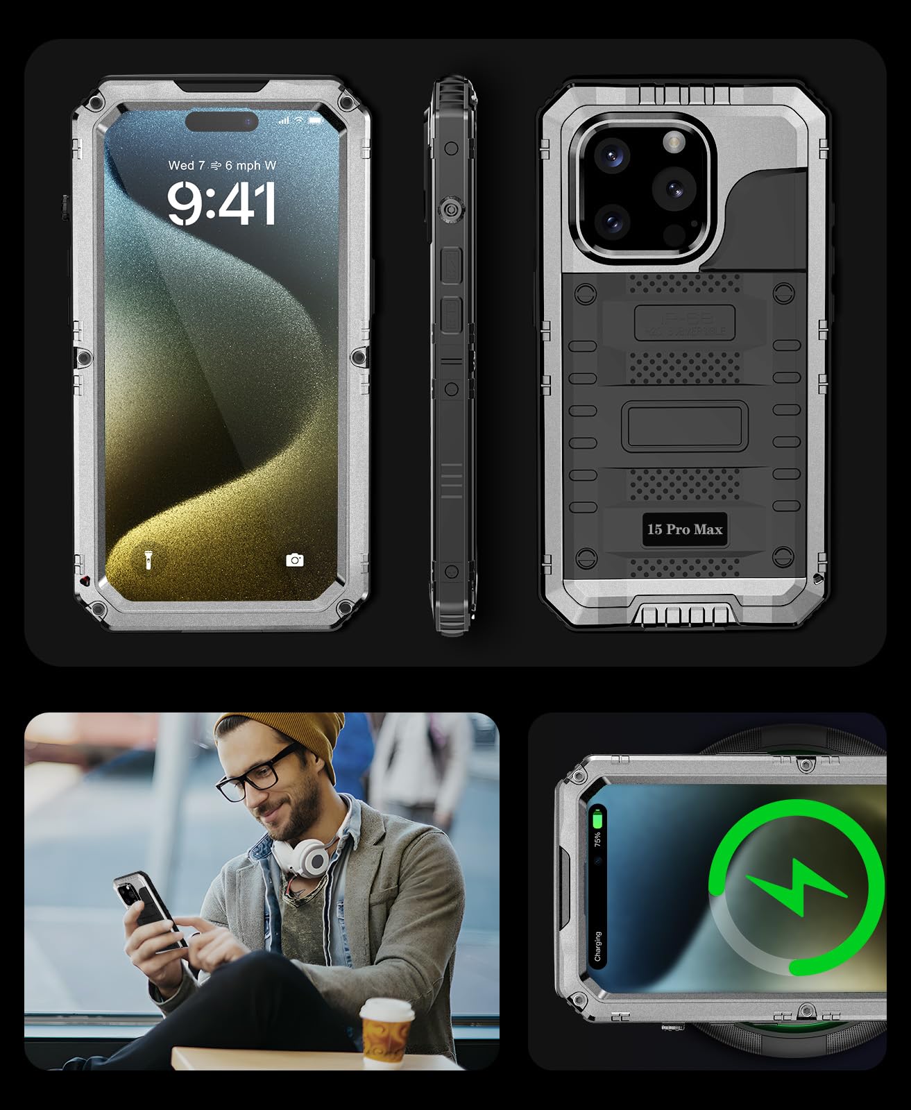 Beeasy Cover per iPhone 15 Pro Max IP68 Impermeabile Custodia Militare Antiurto Resistente 360° Metallo Armor Protezione Schermo Integrata Rugged Robusta Indistruttibile Subacquea Antipolvere Argento