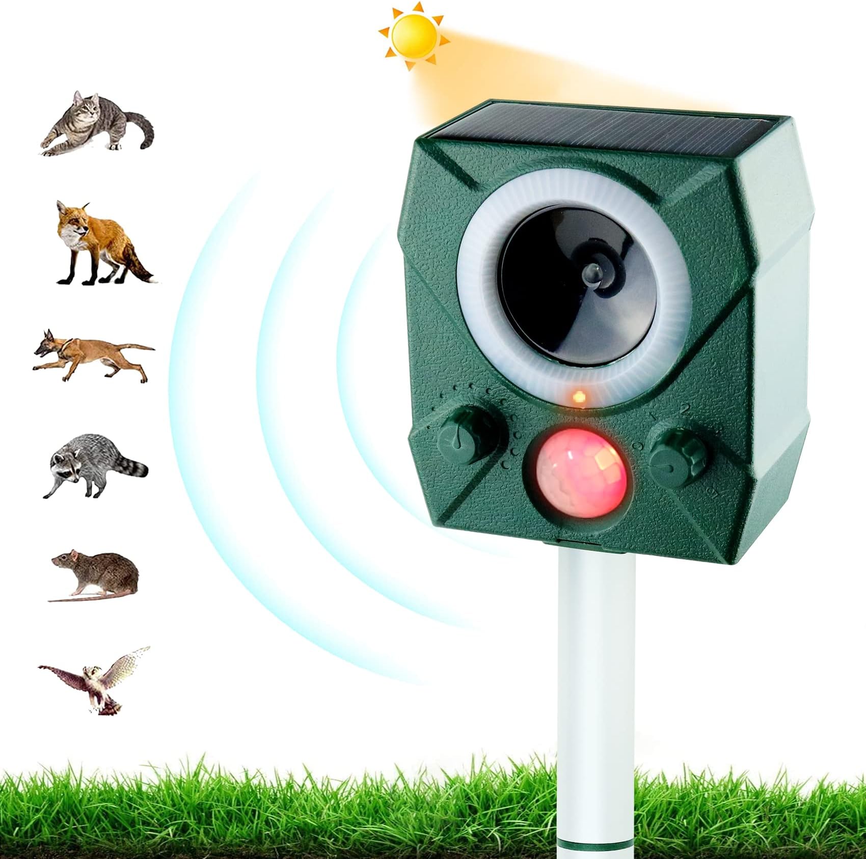 Ultrasonic Animal Repeller Solar,Waterproof Cat, Fox, Rat, Dog Repellent,Deterrent for Garden Yard Field Farm,Flashing Lights Outdoor