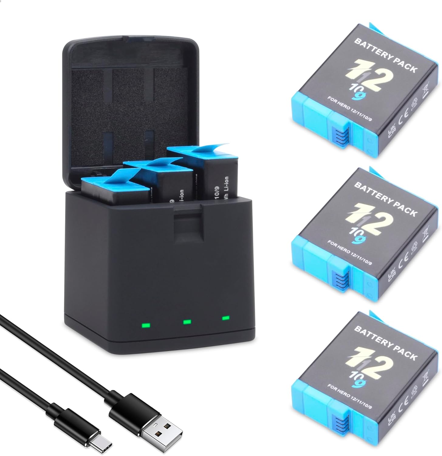 Hero 12/11/10/9 Battery 3Pack 2000mah with 3-Channel...