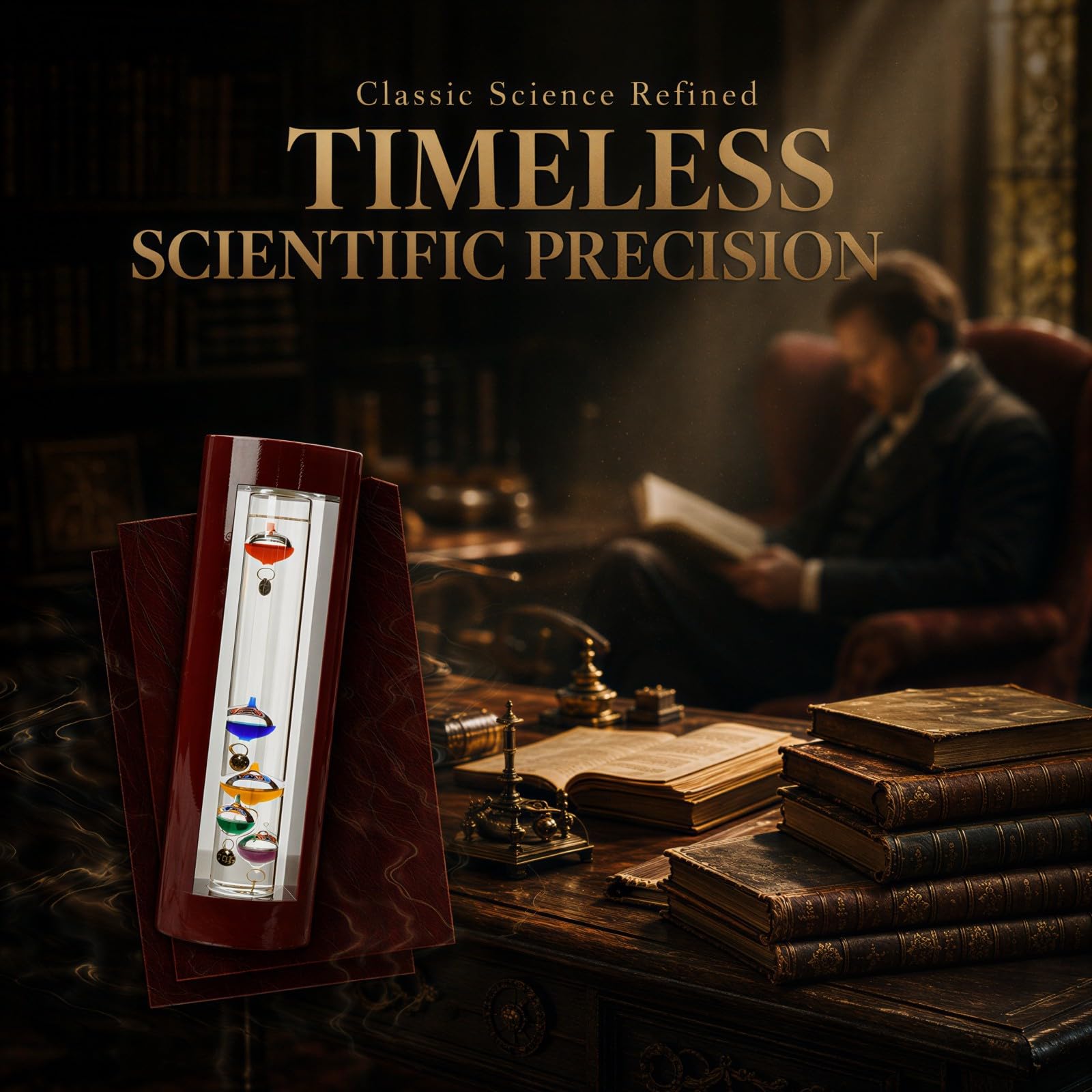 Galileo-Thermometer für den Innenbereich, 11 Zoll / 28 cm, Rahmen in Kirschholzoptik, 5 farbige Glaskugeln und Metallanhänger, Wetteranzeiger für Zuhause, Büro und Geschenkidee