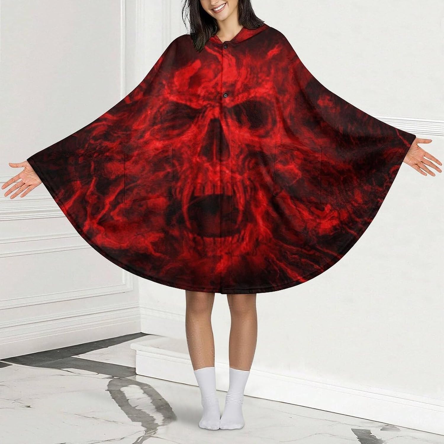 Red Flame Skull Wearable Blanket with Hooded Flannel Blankets Cape with Pocket