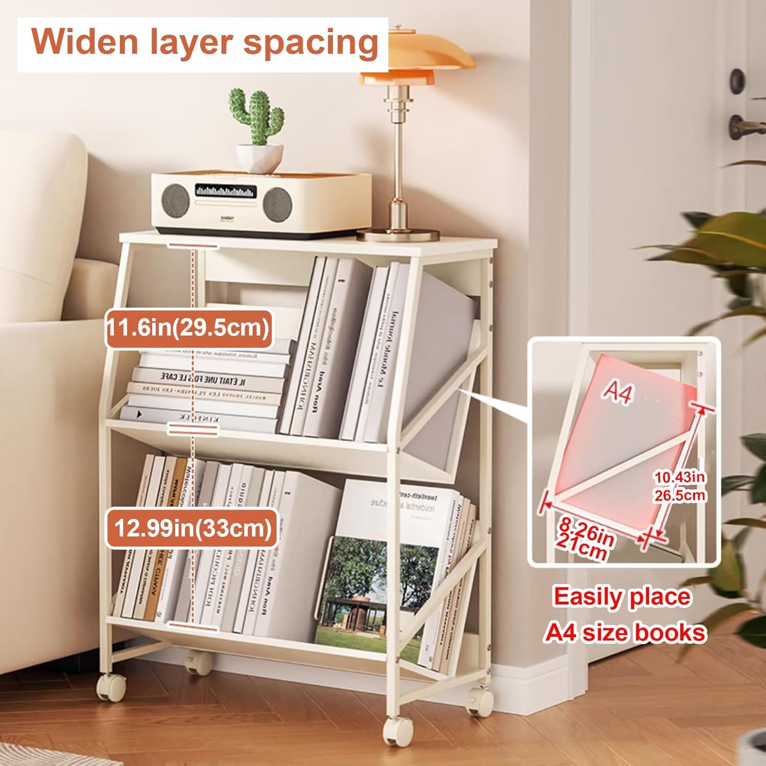 Storage Cart Mobile Bookshelf cart, Slim Organizer Shelf with Wheels 2 Tier Rolling Storage for Office, Home, School, Classroom,Library,White