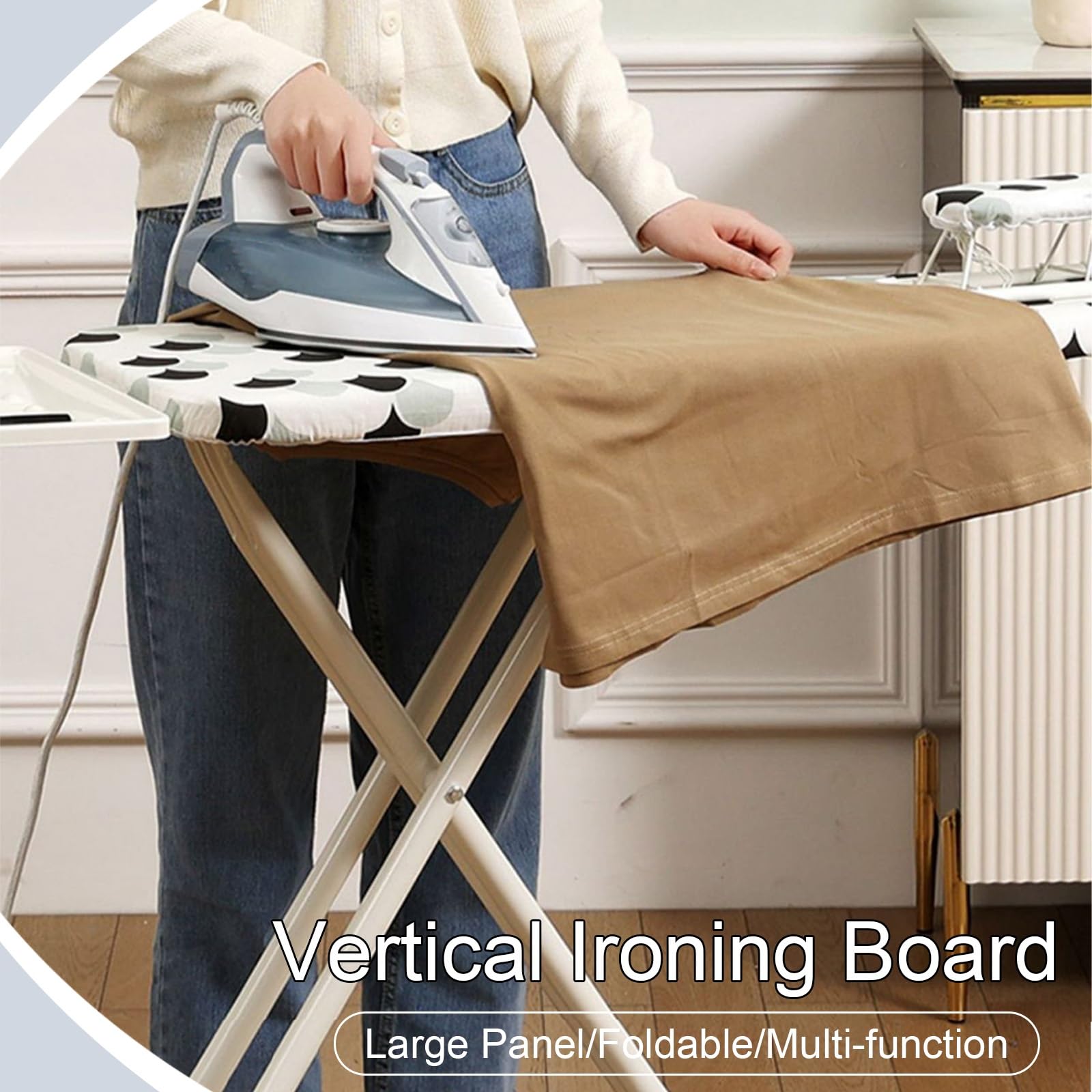 Tabla de Planchar Plegable de Altura Ajustable, Ironing Board de Pie con Soporte para Plancha, Patas Antideslizantes y Soporte para Mangas(Medium)