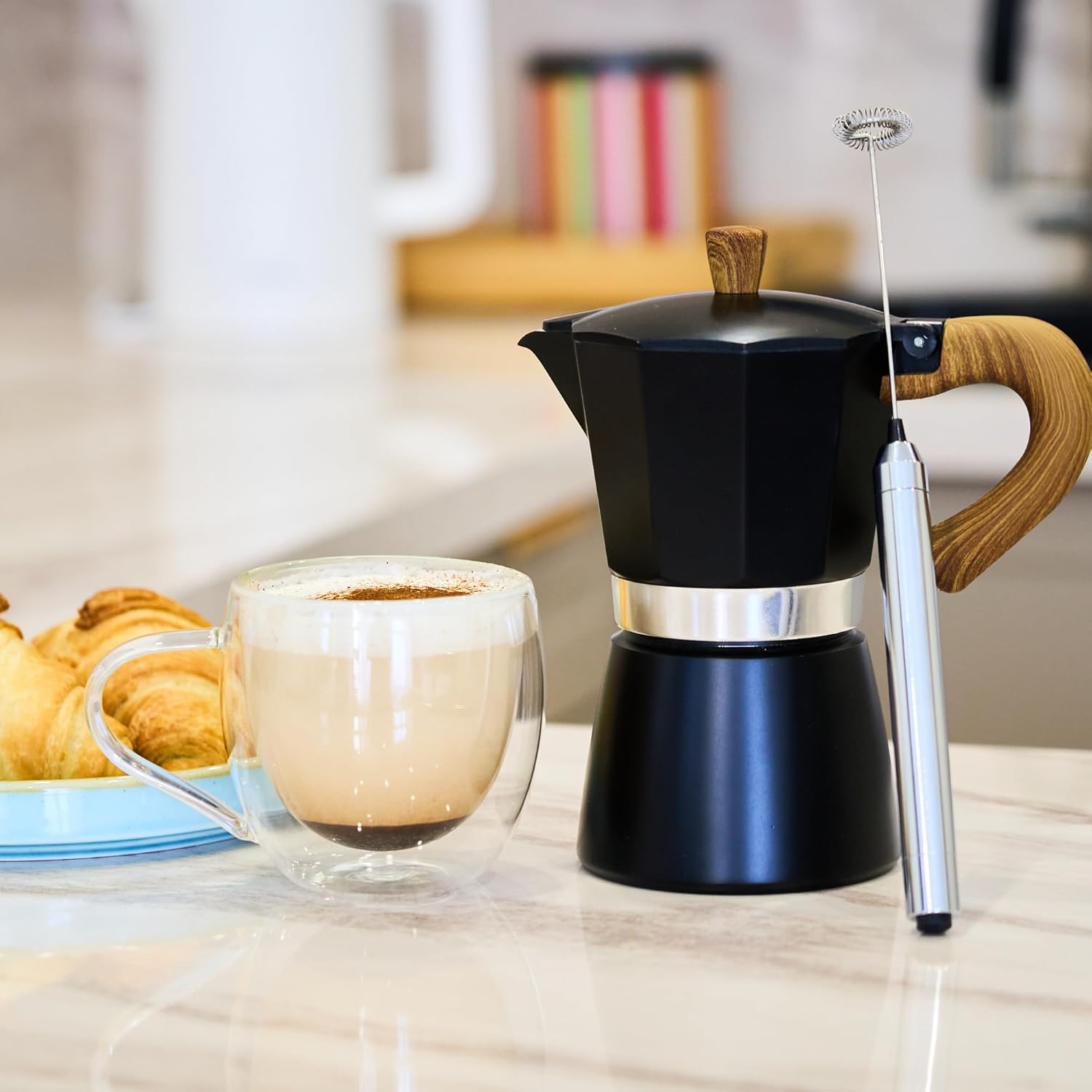 Generic Stovetop Coffee Maker,Expresso Maker and Hand Electric Milk Frother Gift Set,Moka Pot and Cuban Coffee/Cafetera Cubana, 6 Expresso Cups/Colada, Medium, Black & Stainless Steel, 25012024