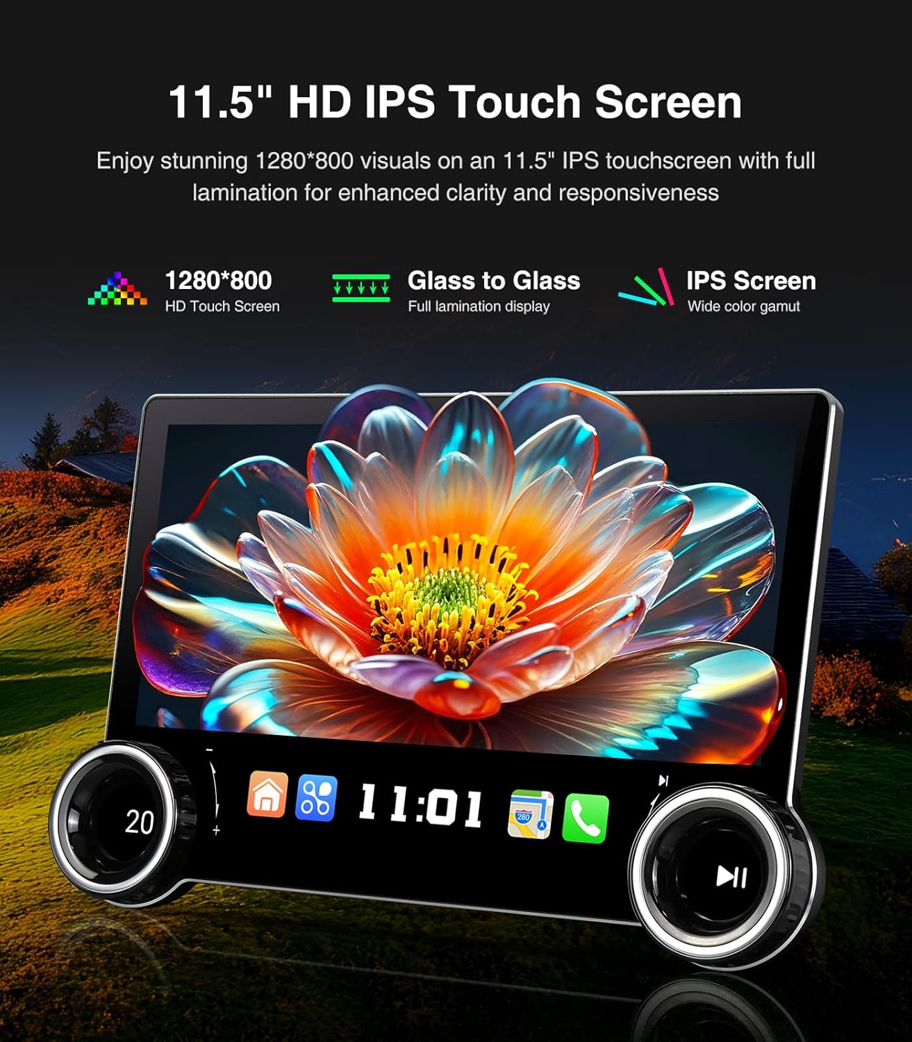 11.5 inch Touchscreen Car Stereo Radio for Dodge Ram 1500 2500 3500 2013-2018(Manual & Auto AC) Replacement Dash Kit w/Wired Wireless CarPlay Android Auto GPS Navigation (Double Knobs)