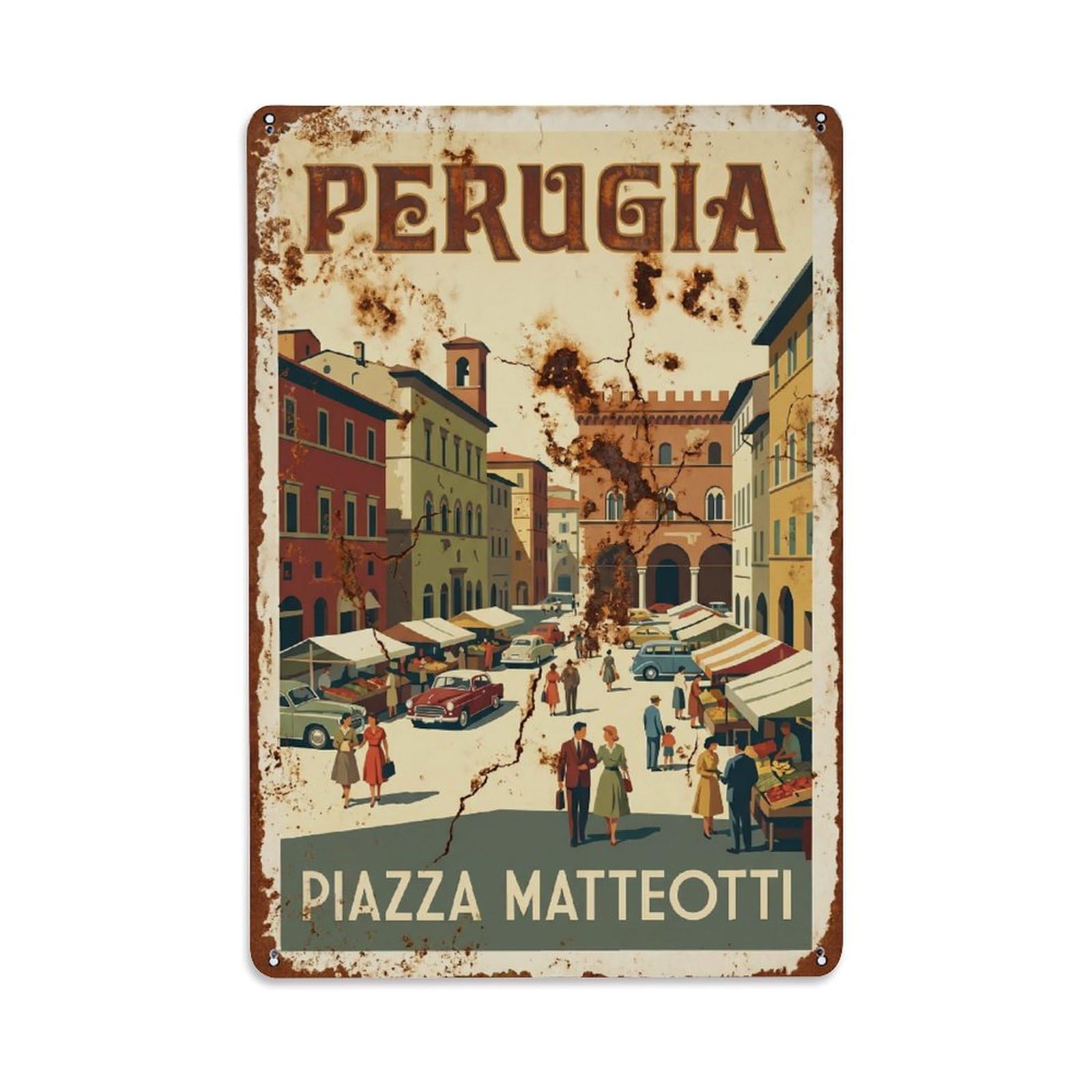 Vintage Travel Perugia Piazza Matteotti Italy Metal Tin Sign Plaque Wall Decor for Cafe, Club Bar, Office, Home Garden Metal Poster 8x12Inch
