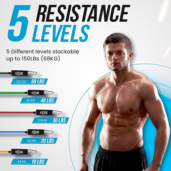 Resistance Bands Weight Building Kit 150 lbs 12 Elastic Bands for Yoga Calisthenics Gym Crossfit TRX Pilates Home Gym – Elastic Muscle Bands with Anklets and Door Grip