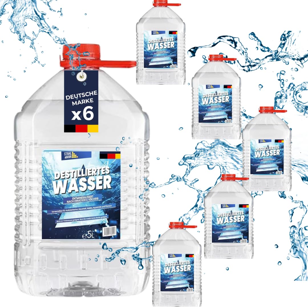 STAHLMANN ® Destilliertes Wasser 6x5 L Kanister [Made IN Germany] - Destilliertes Wasser für Dampbügeleisen und vieles mehr – Destilliertes Wasser