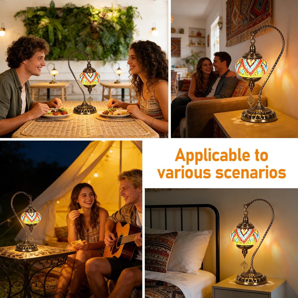 Portable Rechargeable Turkish Swan Neck Bronze Base Table Lamp with 6000mAh Battery, Handmade Moroccan Tiffany Colorful Mosaic Glass Night Stand Light Fixture for Living Room Bedroom Decor