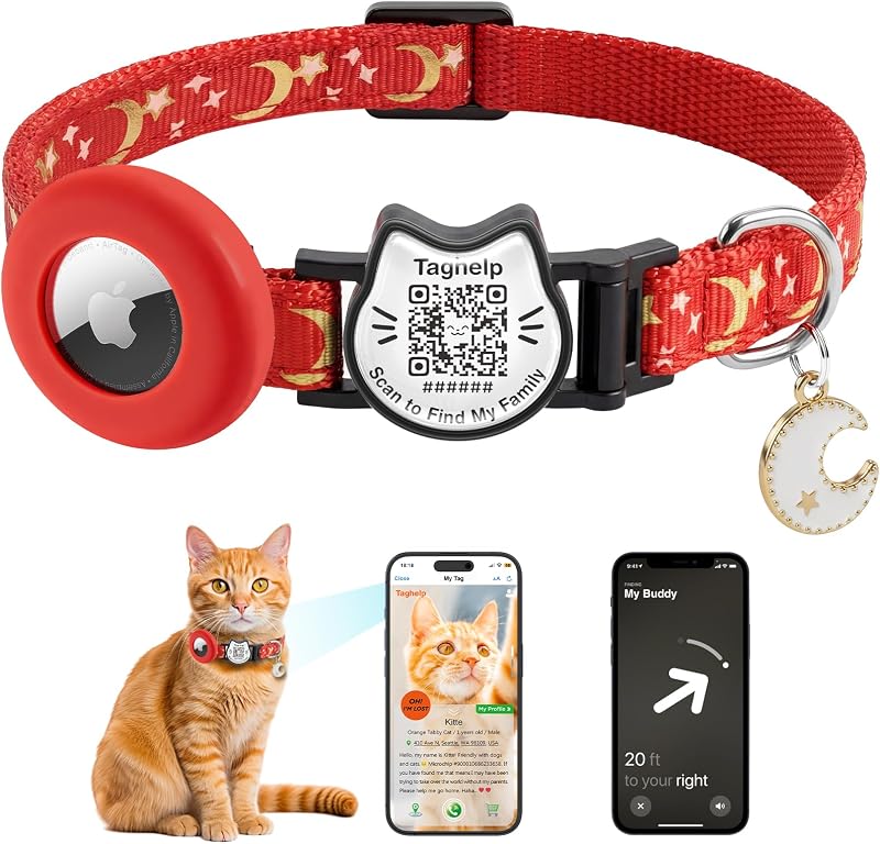 Coleira para Gatos com Suporte para AirTag e Plaquinha de Identificação com QR Code Taghelp Vermelha com Estampa de Estrelas e Lua