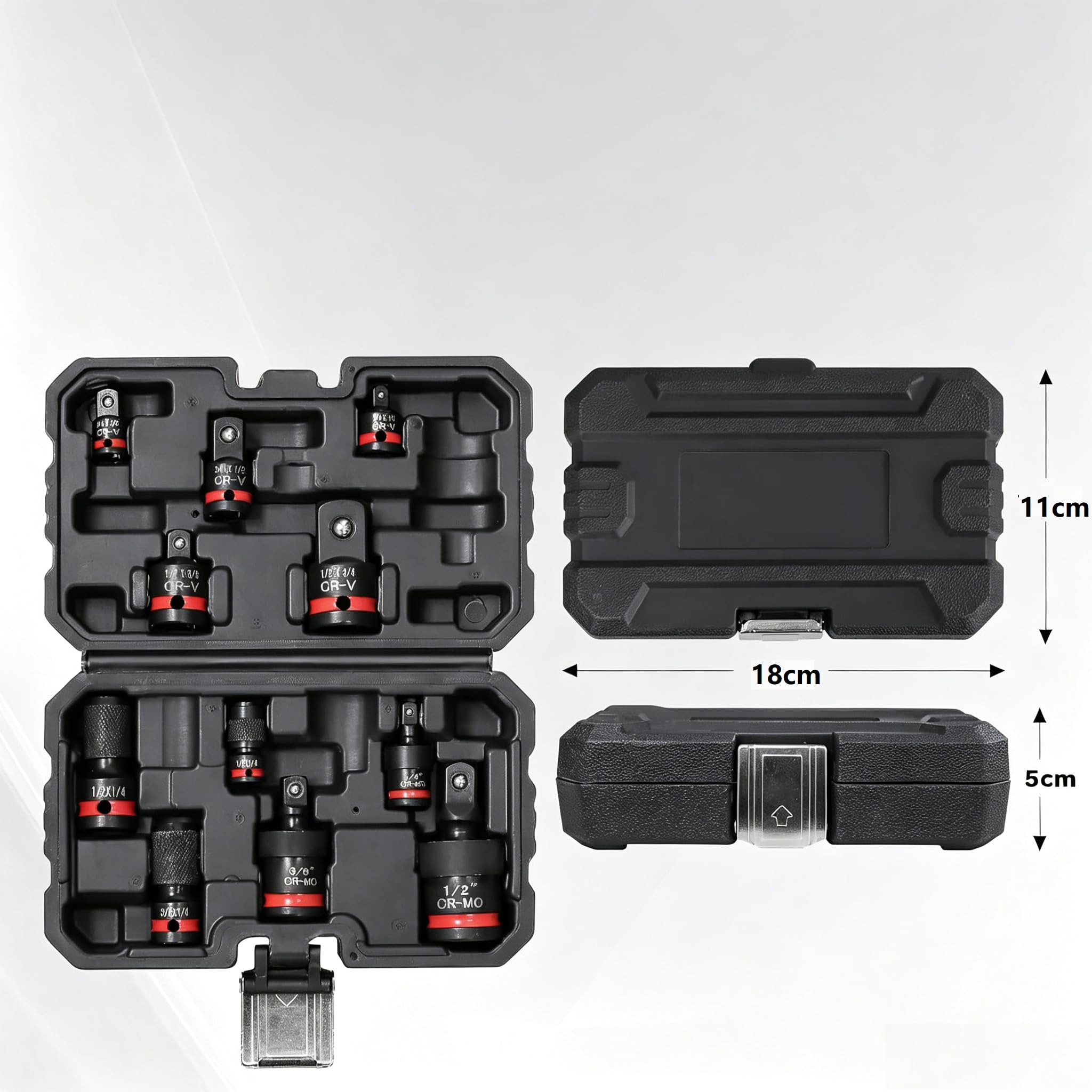 Kit da 11 Pezzi Adattatore e Riduzione per Bussola ad Impatto, Prolunghe e Giunto Cardanico in CR-V/CR-MO, 1/4" 3/8" 1/2" per Chiave a Cricchetto, Avvitatore, Chiave Dinamometrica, con Astuccio