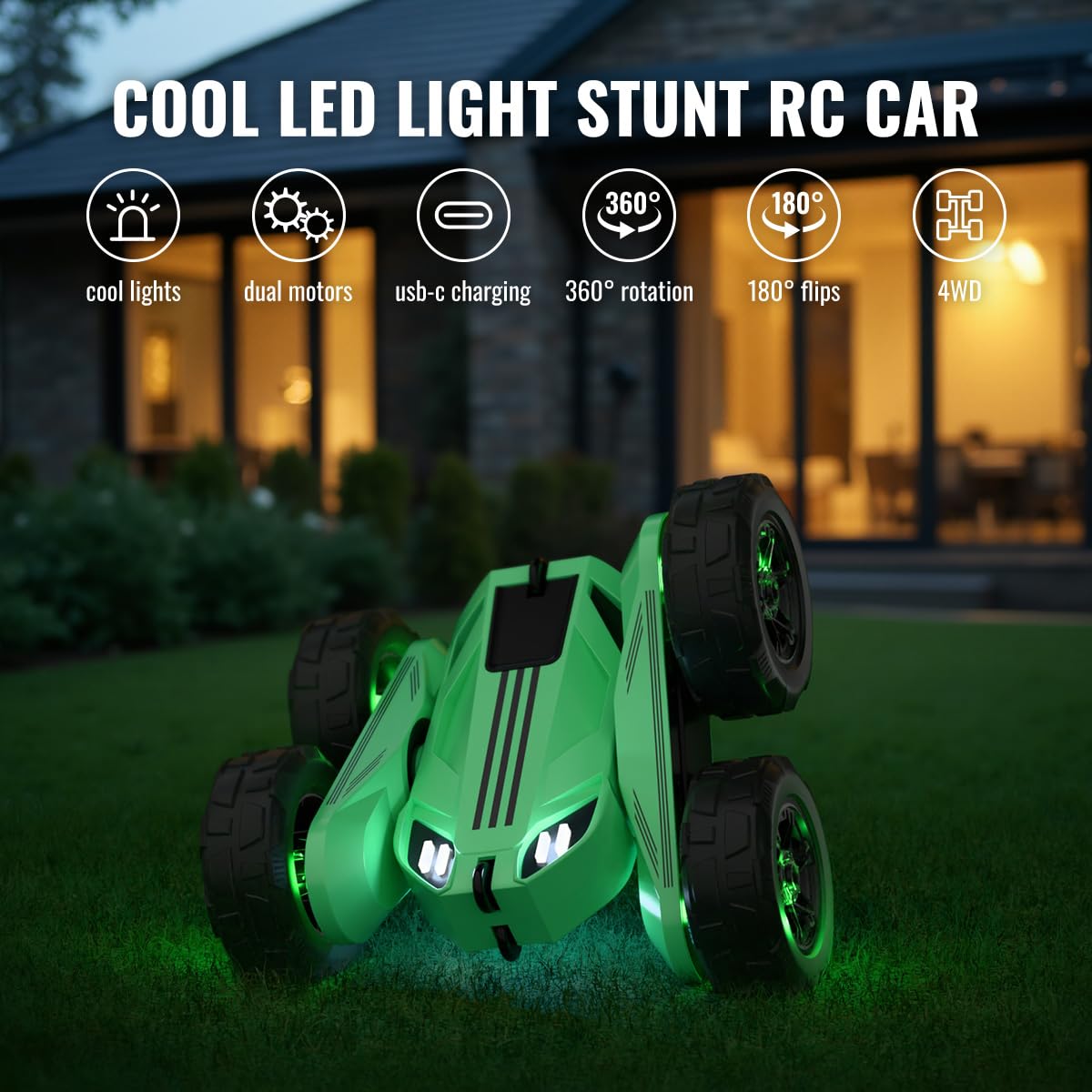 Ferngesteuertes Auto, Direktladung Exklusiv Dual-USB-C-Ladung mit LED Einstellbar, 2,4G 360° Stunt Flips & Kippschutz RC Kinderspielzeug 15km/h 4WD für Kinder 3-12 Jahre Weihnachten Feiertagsgeschenk