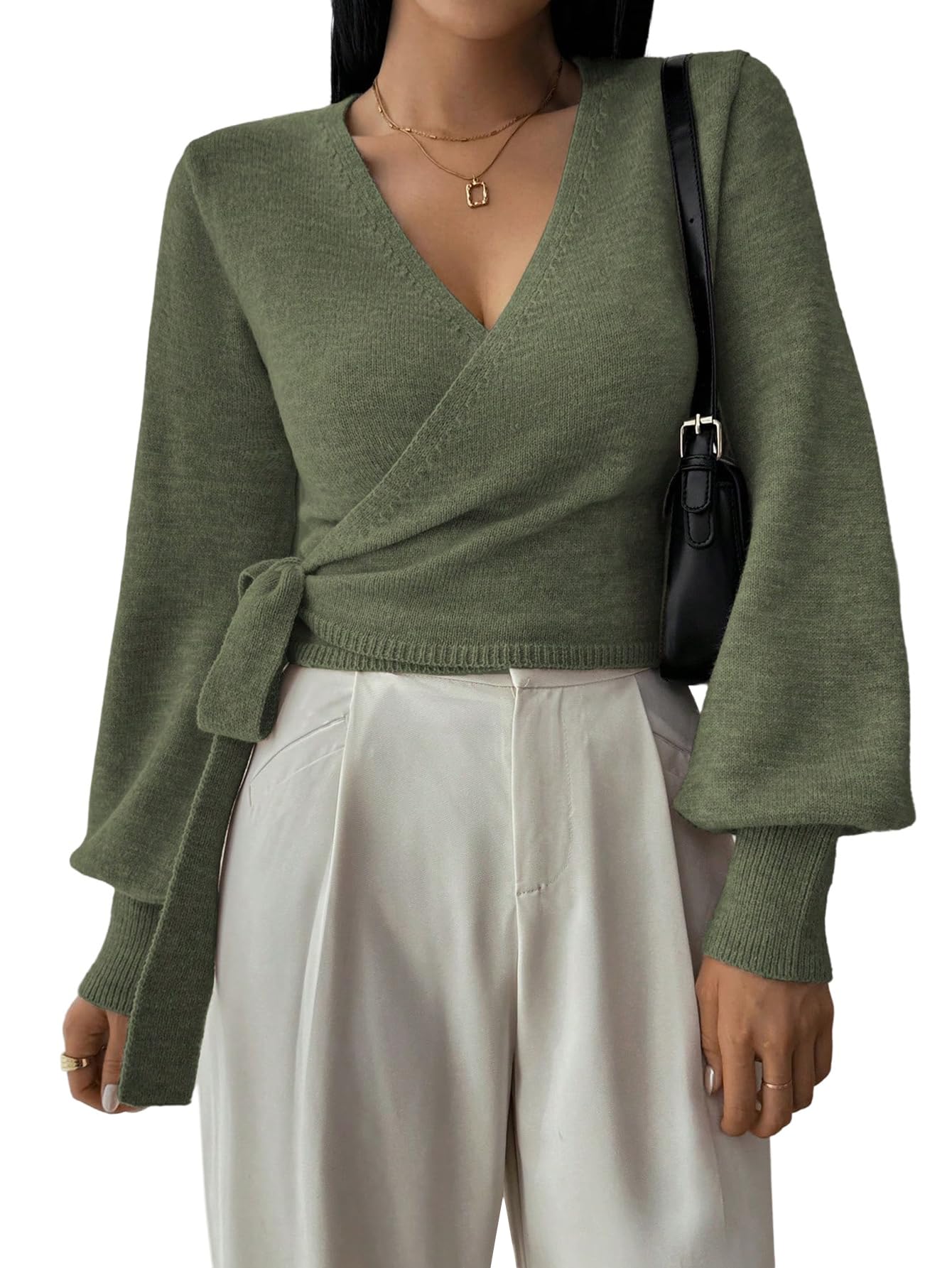GORGLITTER Maglione da donna elegante con fiocco, maglia a V, maglione invernale a maniche lunghe, per autunno