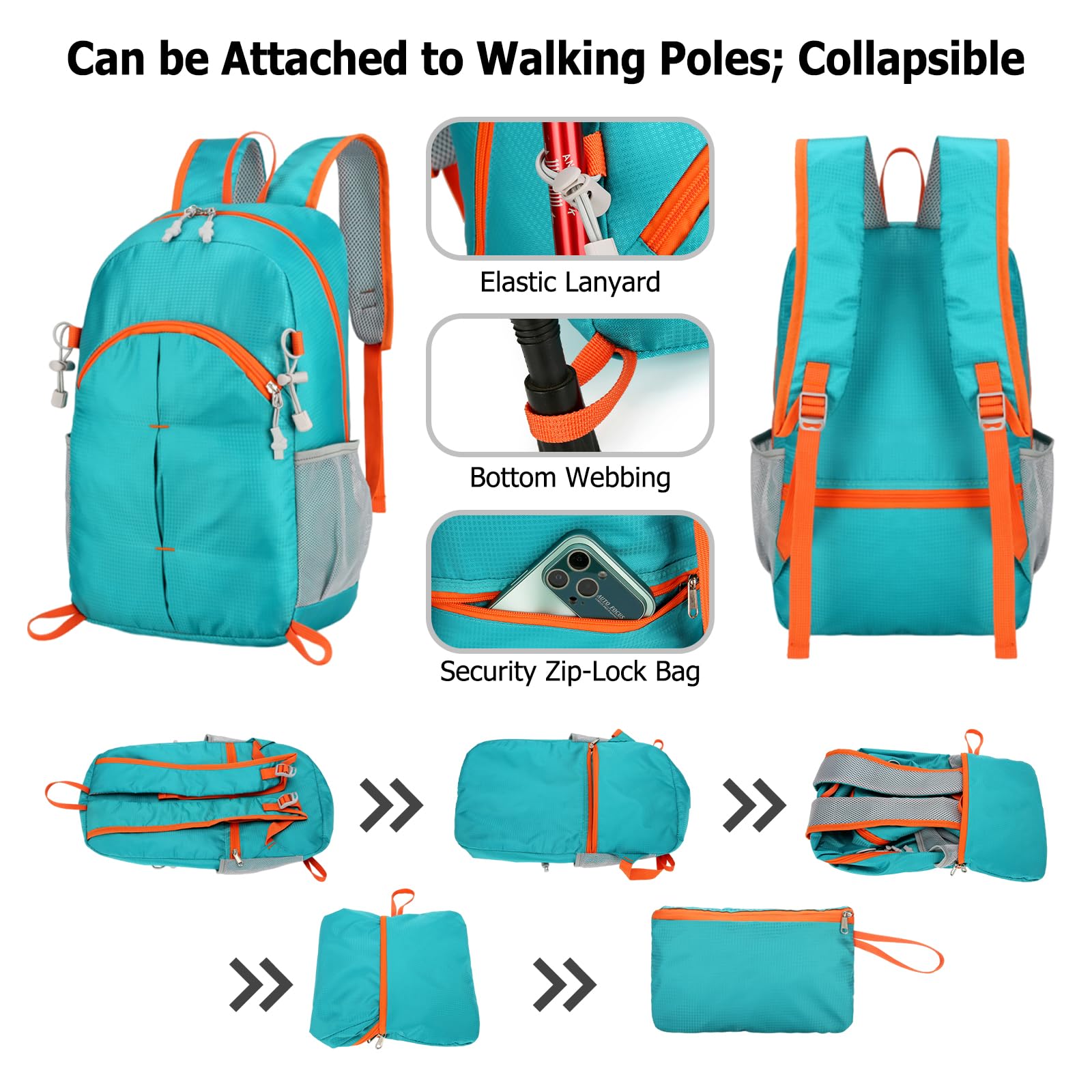 Sac à Dos Pliable Imperméable Léger Daypack Sac à Dos Randonnée Femme Homme Backpack pour Camping Trekking Voyage Utilisation Quotidienne Orange